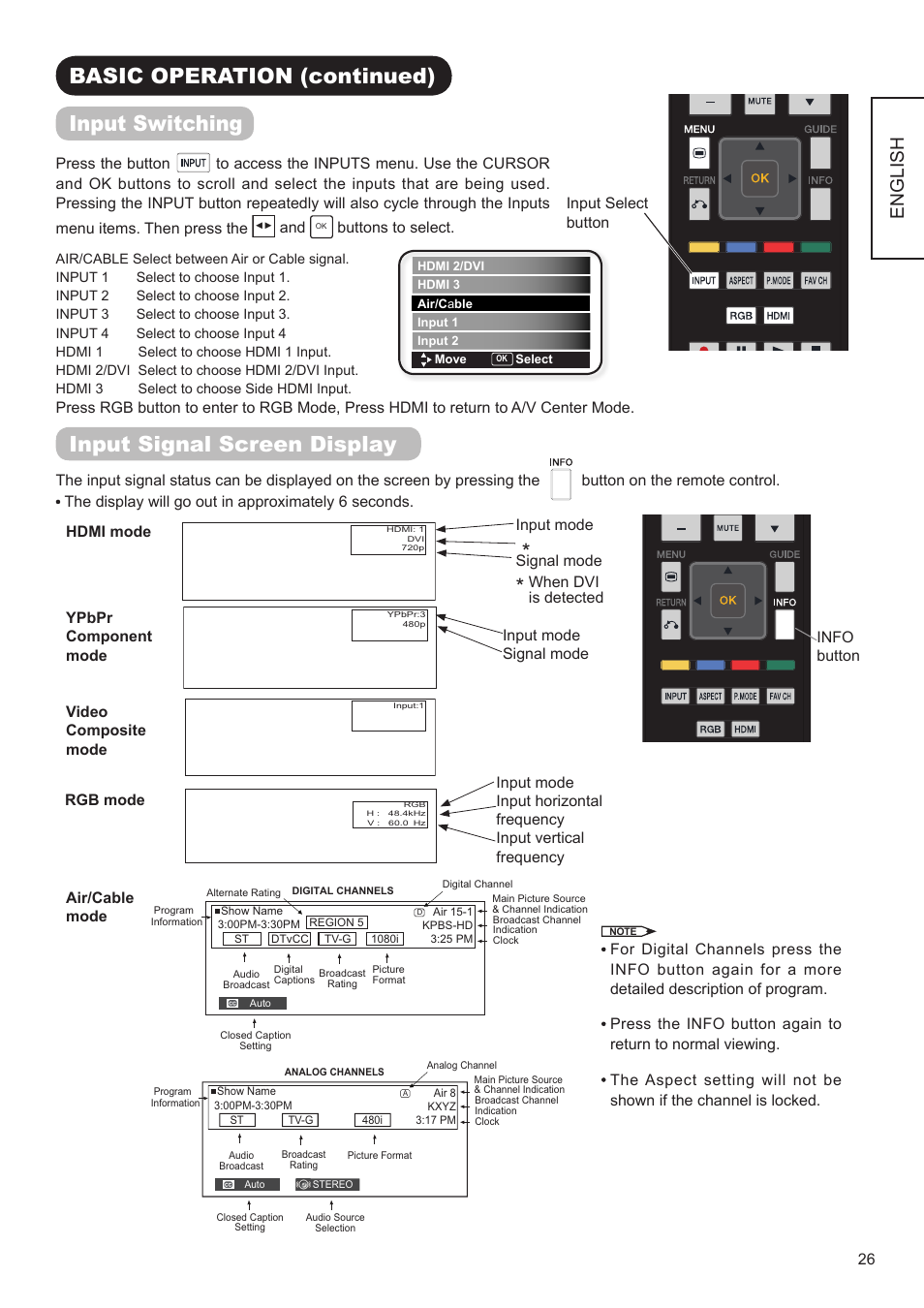 Basic operation (continued) input switching, Input signal screen display, English | Buttons to select, Input mode, Signal mode, When dvi is detected hdmi mode, Video composite mode, Input mode signal mode ypbpr component mode, Air/cable mode | Hitachi ULTRAVISION UT32S402 User Manual | Page 27 / 55