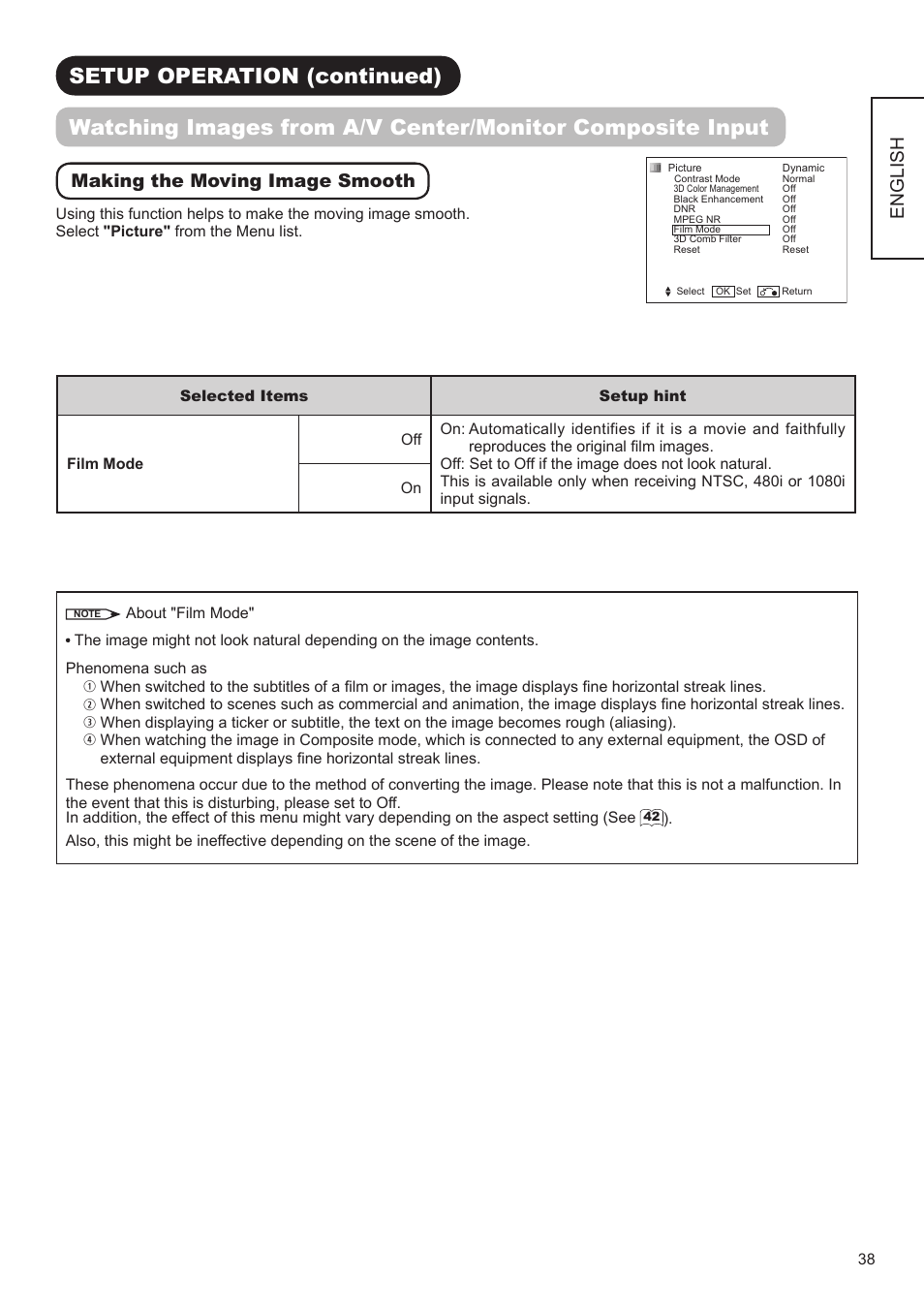 English, Making the moving image smooth | Hitachi ULTRAVISION UT32S402 User Manual | Page 39 / 55