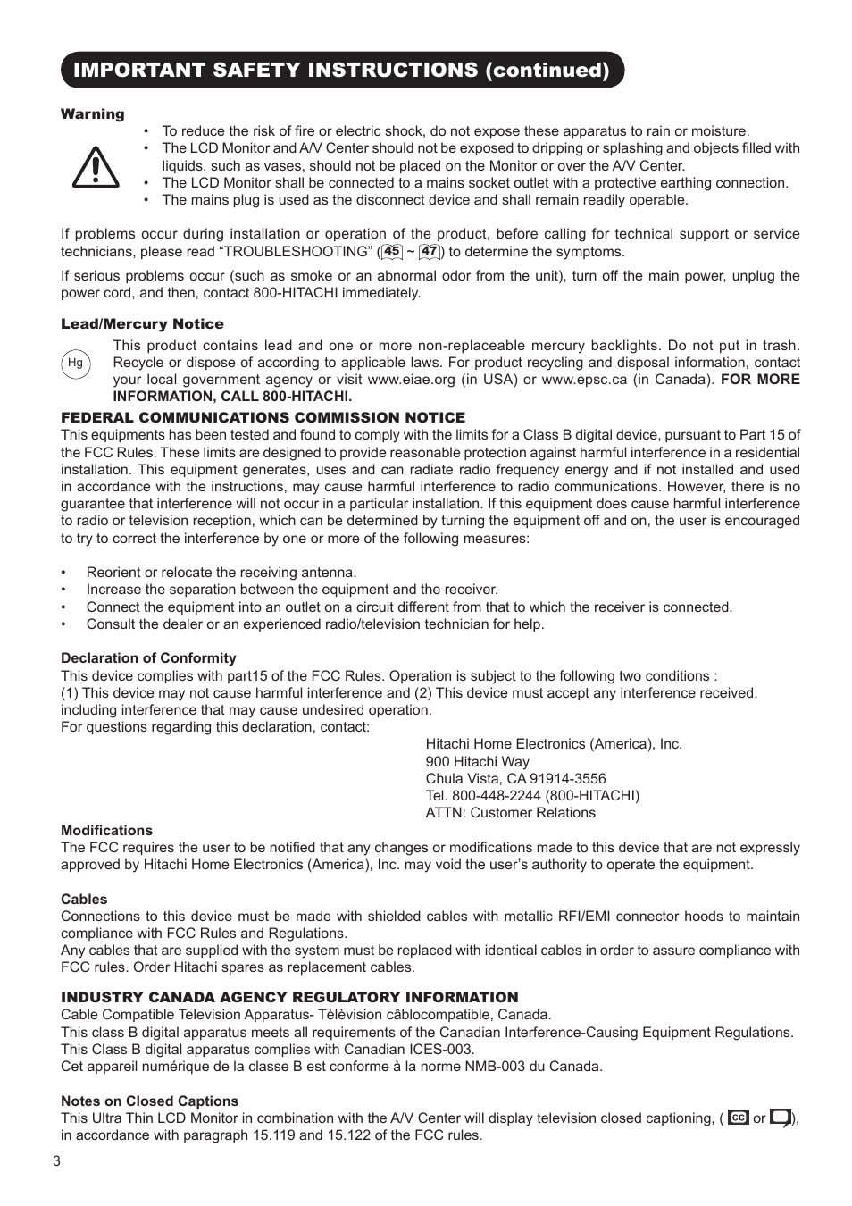 Important safety instructions (continued) | Hitachi ULTRAVISION UT32S402 User Manual | Page 4 / 55