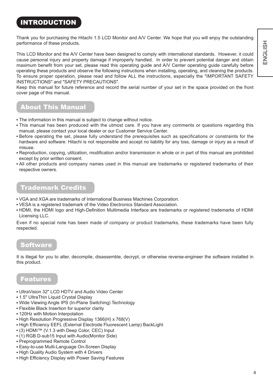 Introduction, About this manual, Trademark credits | Software, Features | Hitachi ULTRAVISION UT32S402 User Manual | Page 5 / 55