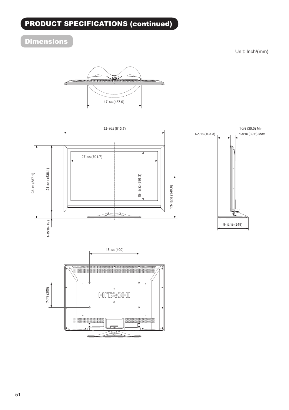 Product specifications (continued) dimensions, Unit: inch/(mm) | Hitachi ULTRAVISION UT32S402 User Manual | Page 52 / 55