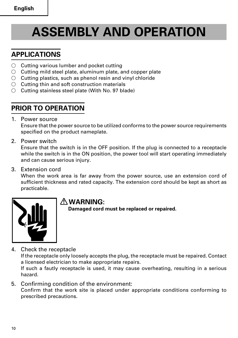 Assembly and operation, Applications, Prior to operation | Warning | Hitachi CJ110MV User Manual | Page 10 / 56