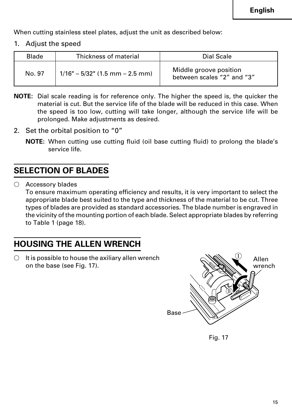 Selection of blades, Housing the allen wrench | Hitachi CJ110MV User Manual | Page 15 / 56