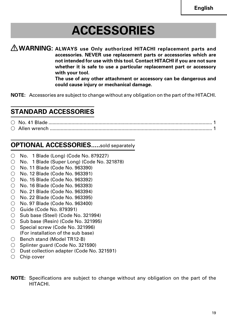 Accessories, Warning, Standard accessories | Optional accessories | Hitachi CJ110MV User Manual | Page 19 / 56