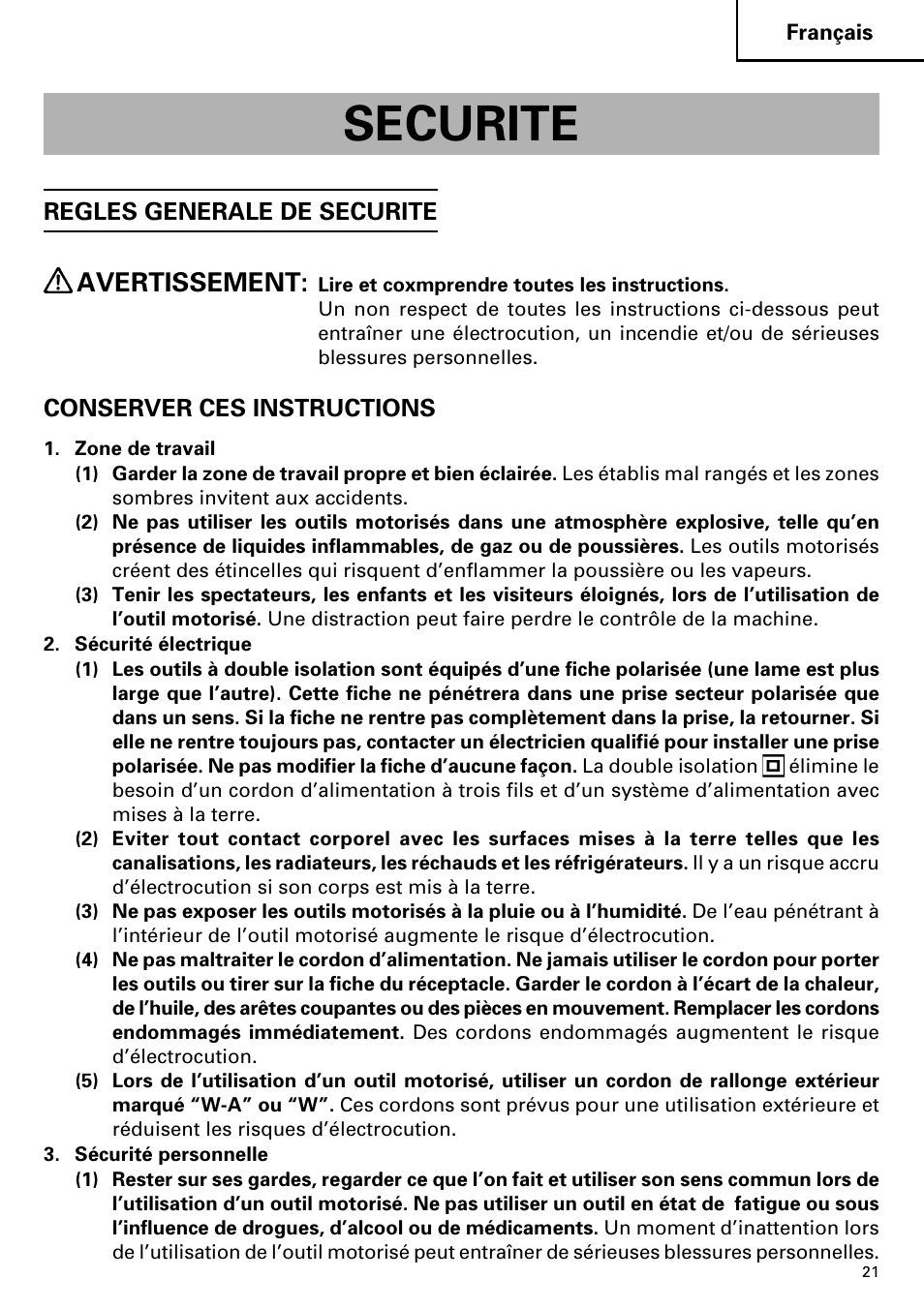 Securite, Avertissement | Hitachi CJ110MV User Manual | Page 21 / 56