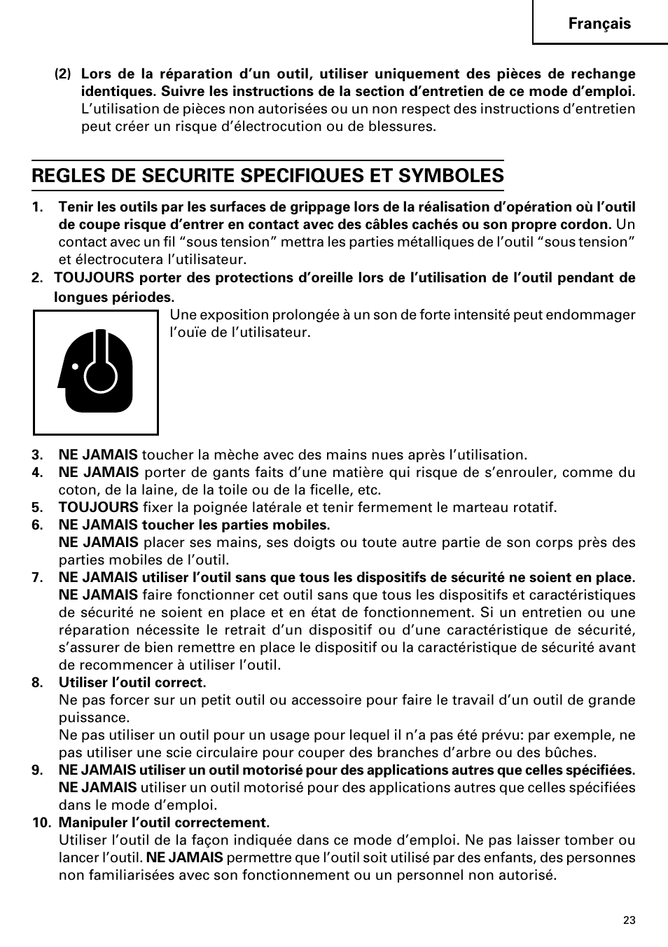 Regles de securite specifiques et symboles | Hitachi CJ110MV User Manual | Page 23 / 56