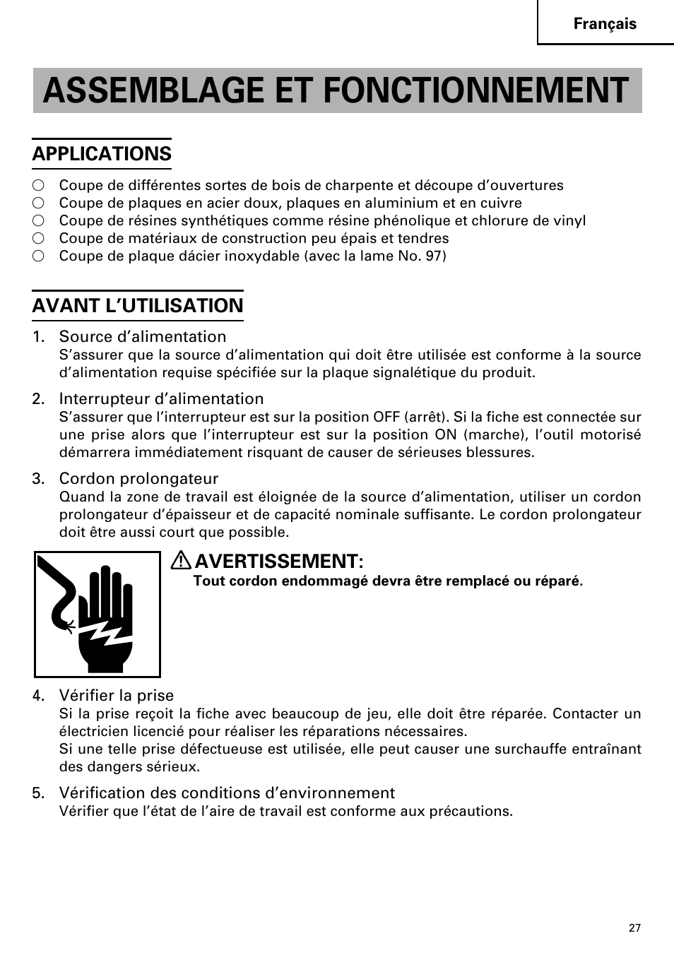 Assemblage et fonctionnement, Applications, Avant l’utilisation | Avertissement | Hitachi CJ110MV User Manual | Page 27 / 56