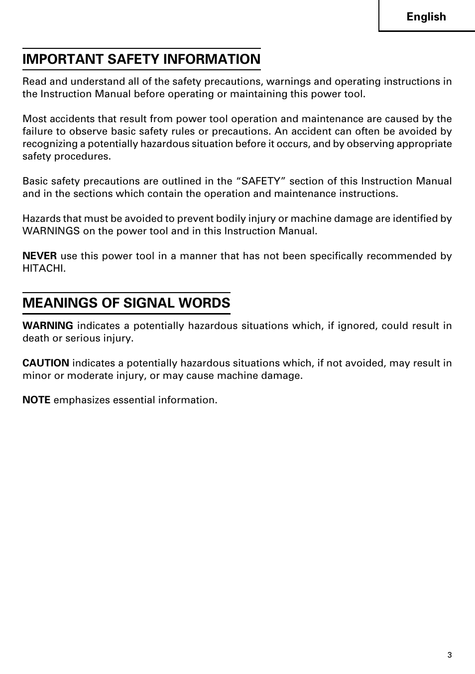 Important safety information, Meanings of signal words | Hitachi CJ110MV User Manual | Page 3 / 56