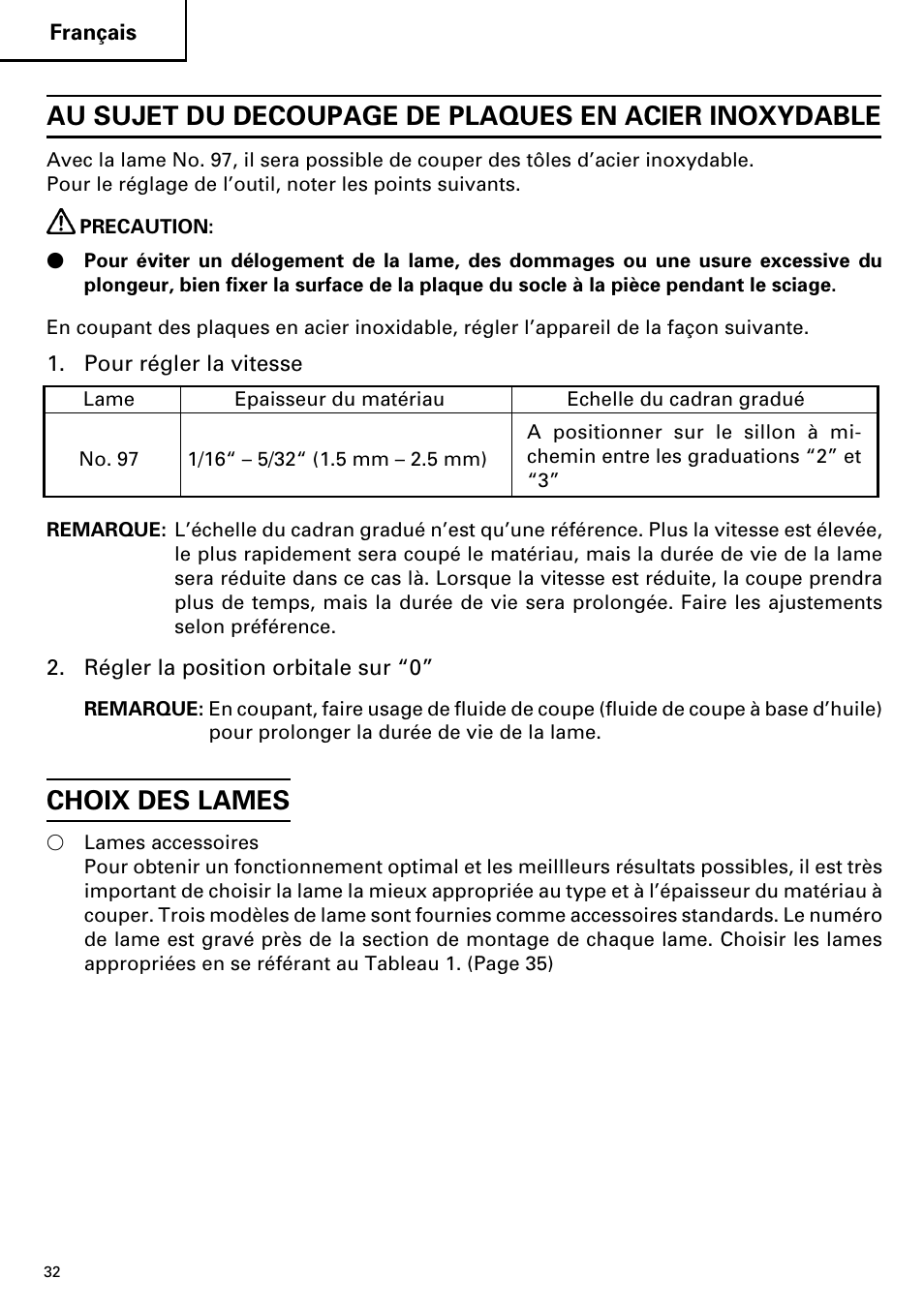 Choix des lames | Hitachi CJ110MV User Manual | Page 32 / 56