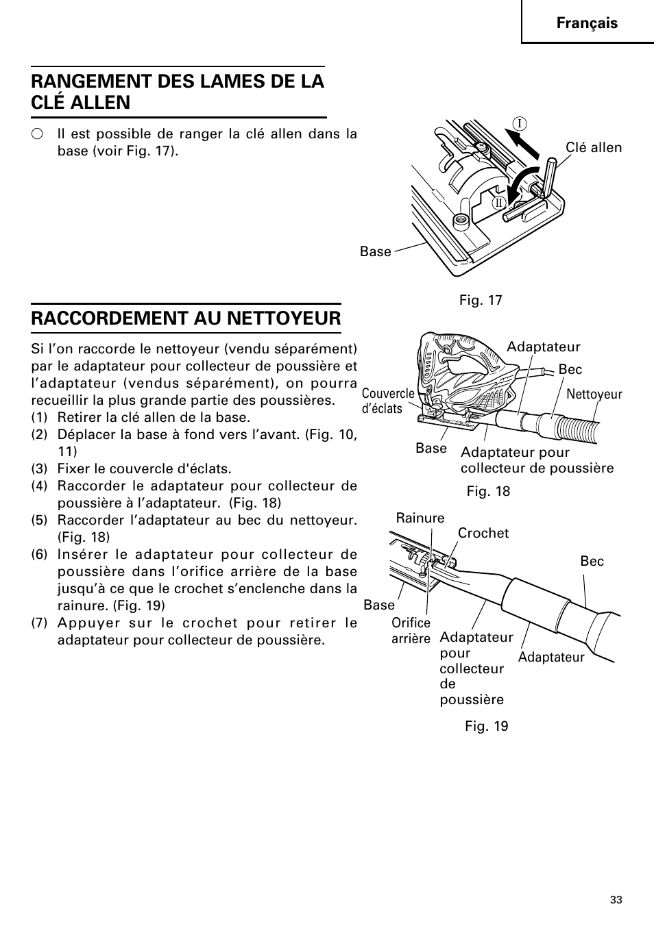 Rangement des lames de la clé allen, Raccordement au nettoyeur | Hitachi CJ110MV User Manual | Page 33 / 56