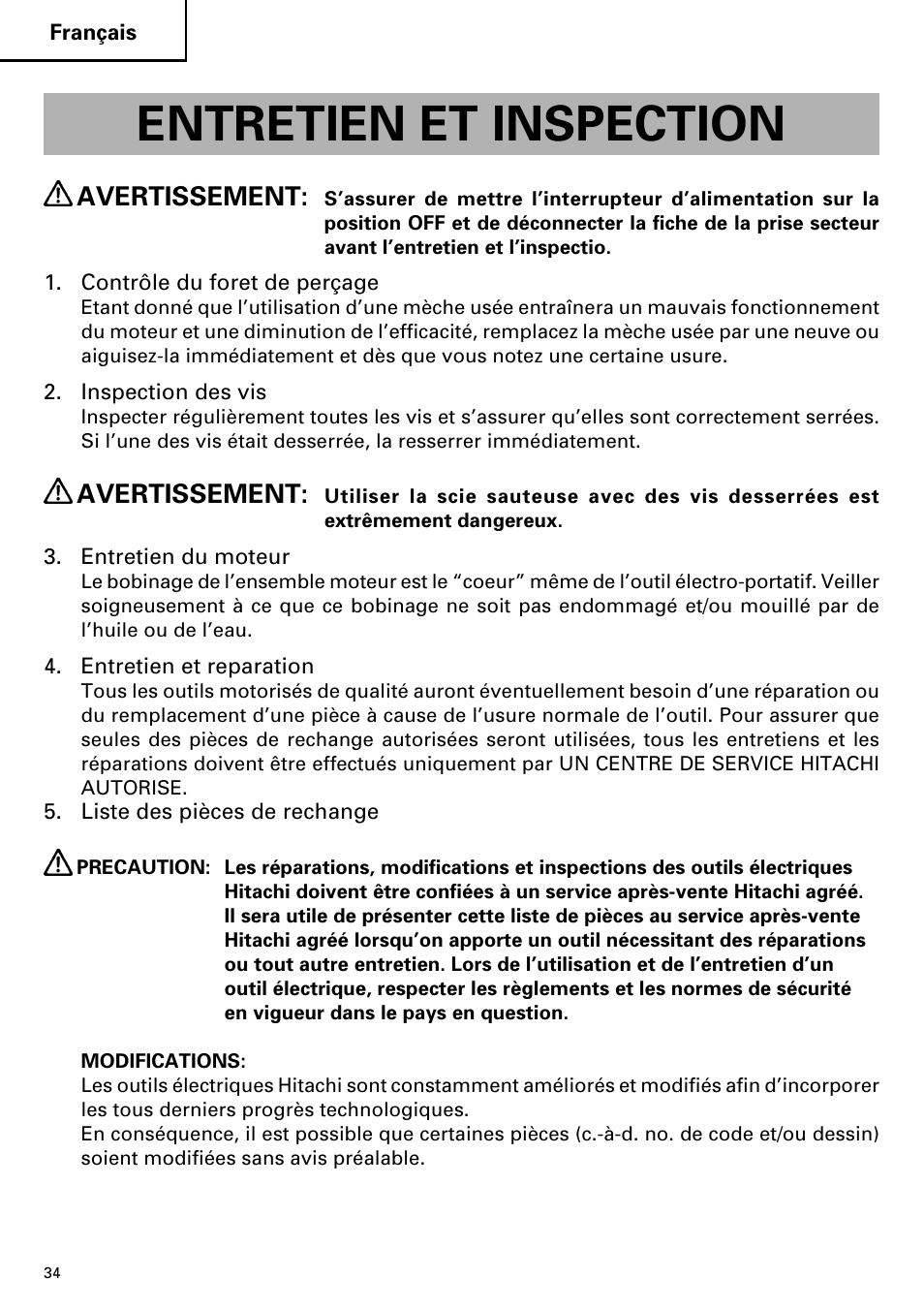 Entretien et inspection, Avertissement | Hitachi CJ110MV User Manual | Page 34 / 56