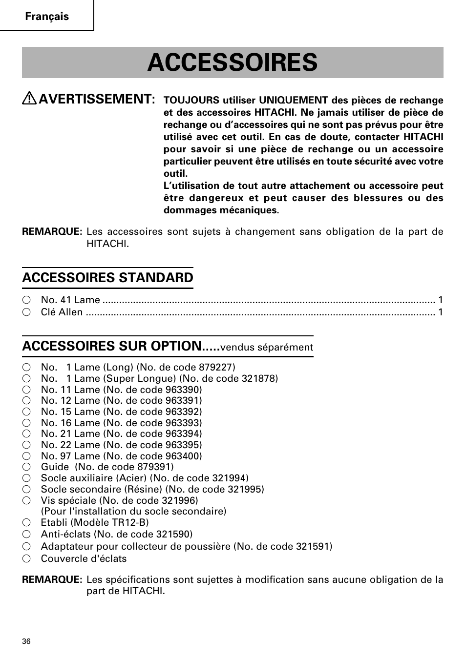 Accessoires, Avertissement, Accessoires standard | Accessoires sur option | Hitachi CJ110MV User Manual | Page 36 / 56