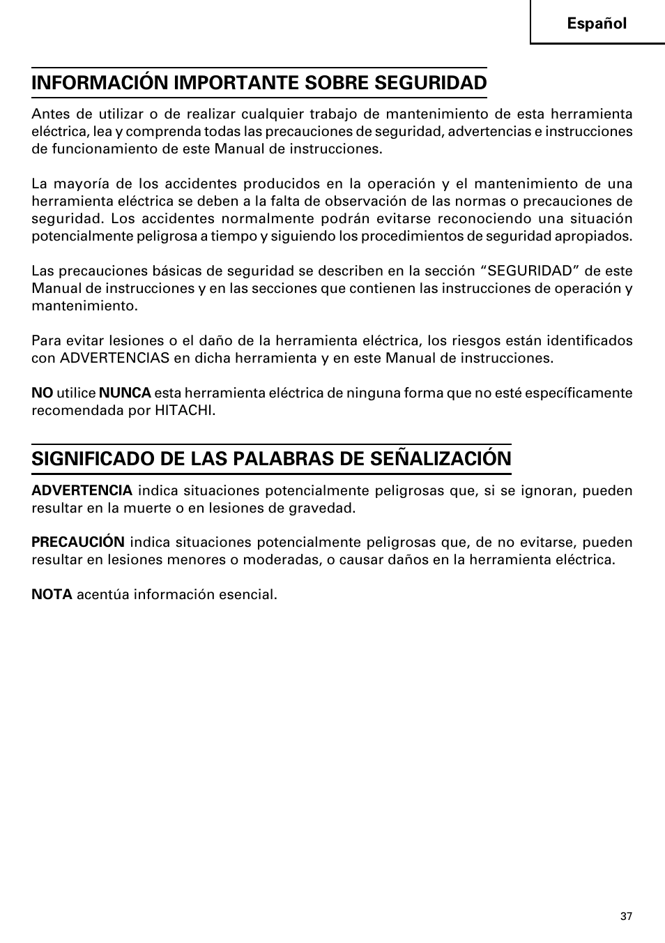 〳印慟䍊ㄱき噟啓, Información importante sobre seguridad, Significado de las palabras de señalización | Hitachi CJ110MV User Manual | Page 37 / 56