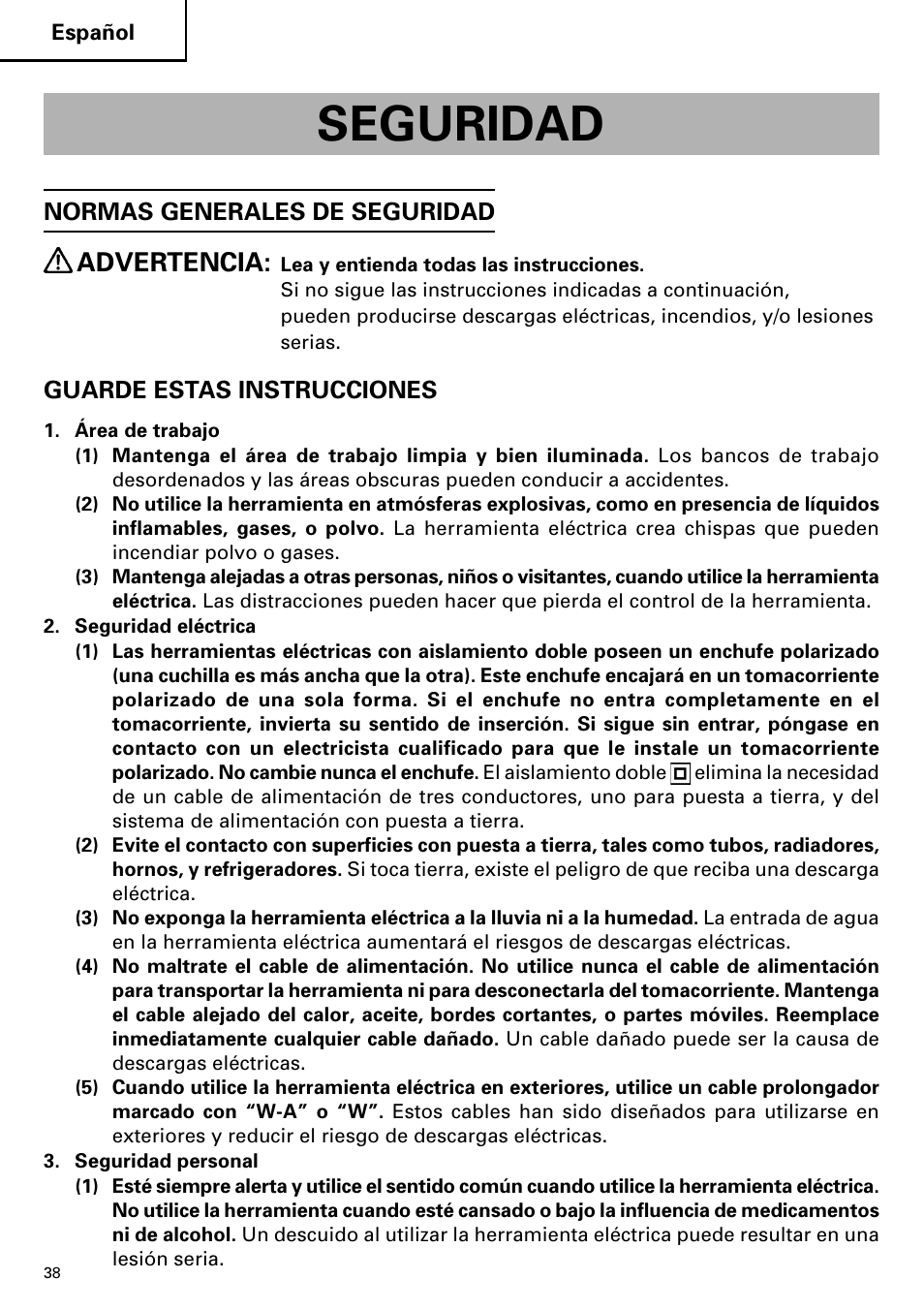 Seguridad, Advertencia | Hitachi CJ110MV User Manual | Page 38 / 56
