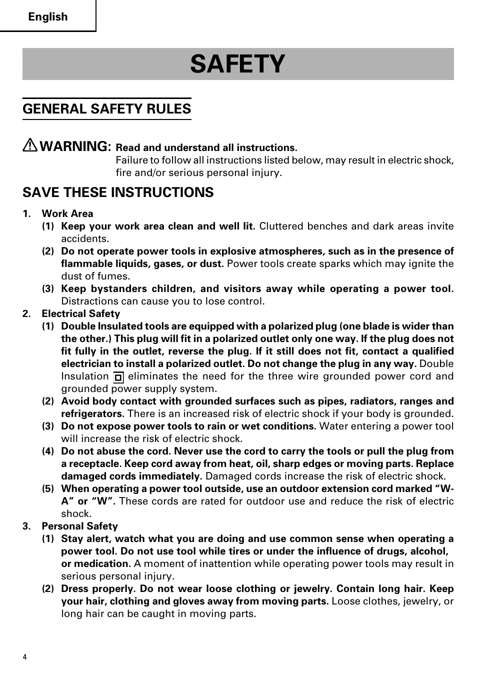 Safety, General safety rules warning, Save these instructions | Hitachi CJ110MV User Manual | Page 4 / 56