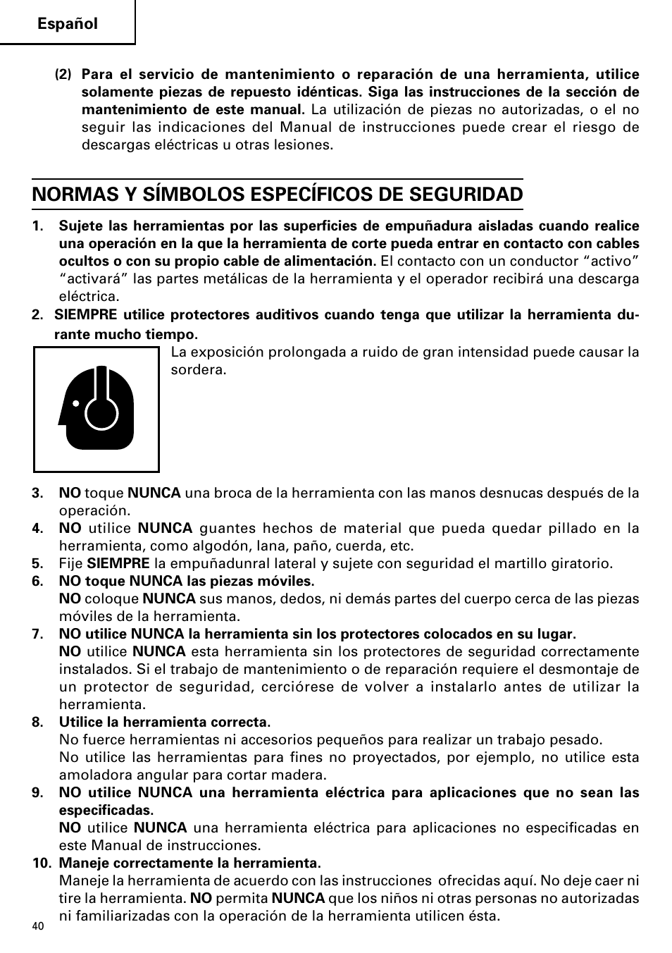 Normas y símbolos específicos de seguridad | Hitachi CJ110MV User Manual | Page 40 / 56