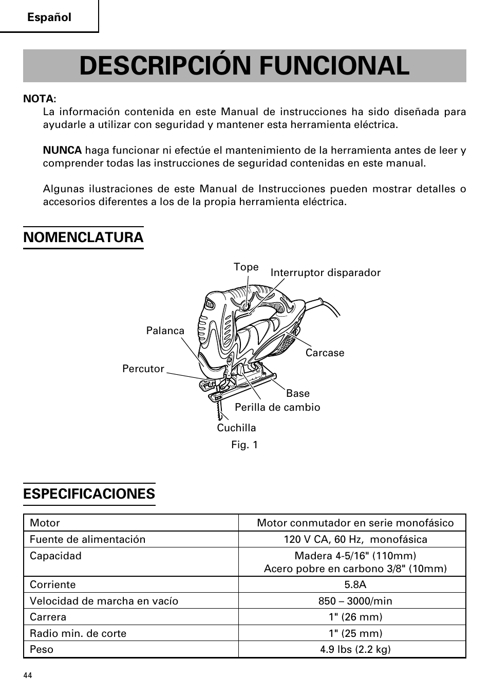 Descripción funcional, Especificaciones, Nomenclatura | Hitachi CJ110MV User Manual | Page 44 / 56