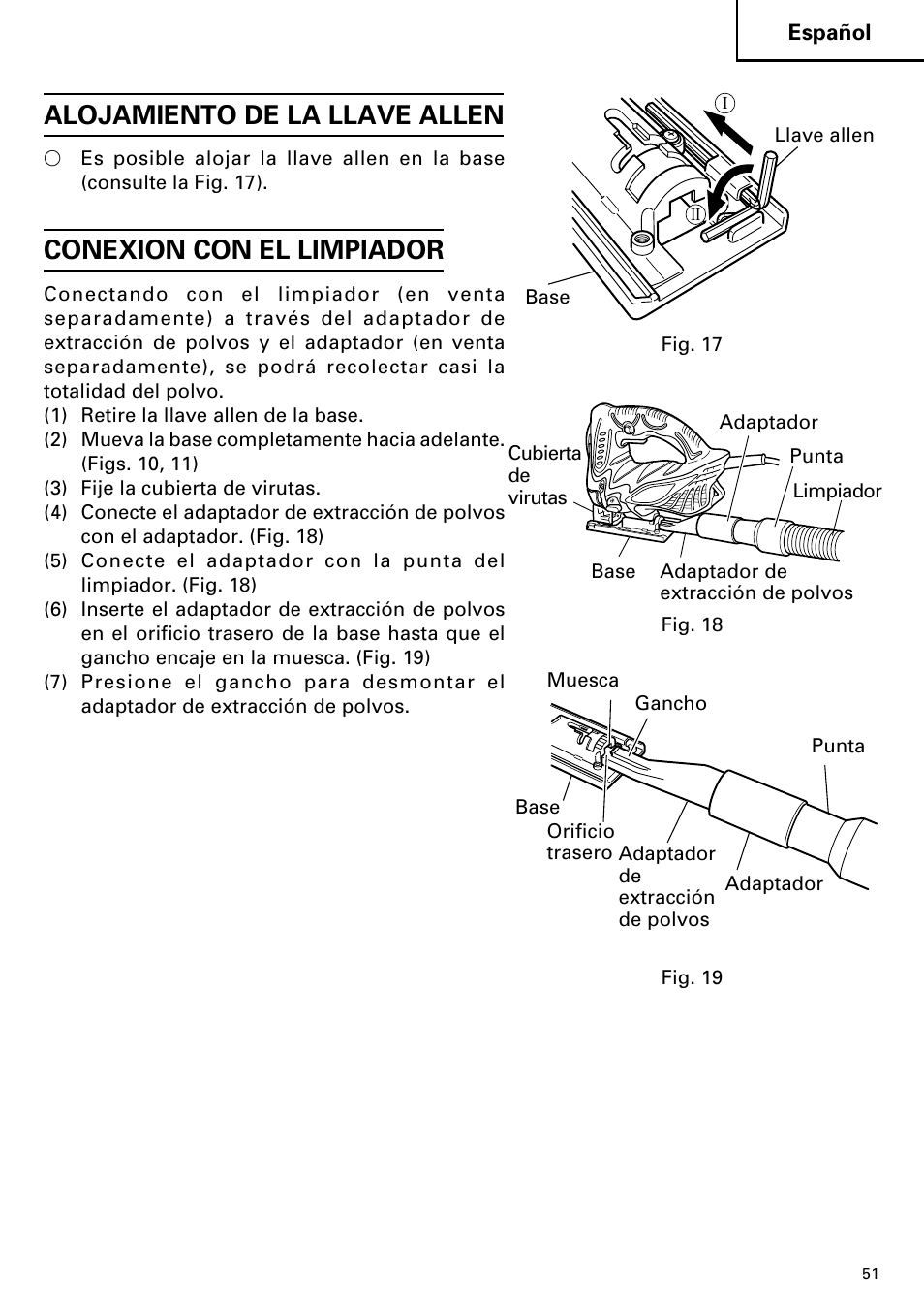 Alojamiento de la llave allen, Conexion con el limpiador | Hitachi CJ110MV User Manual | Page 51 / 56