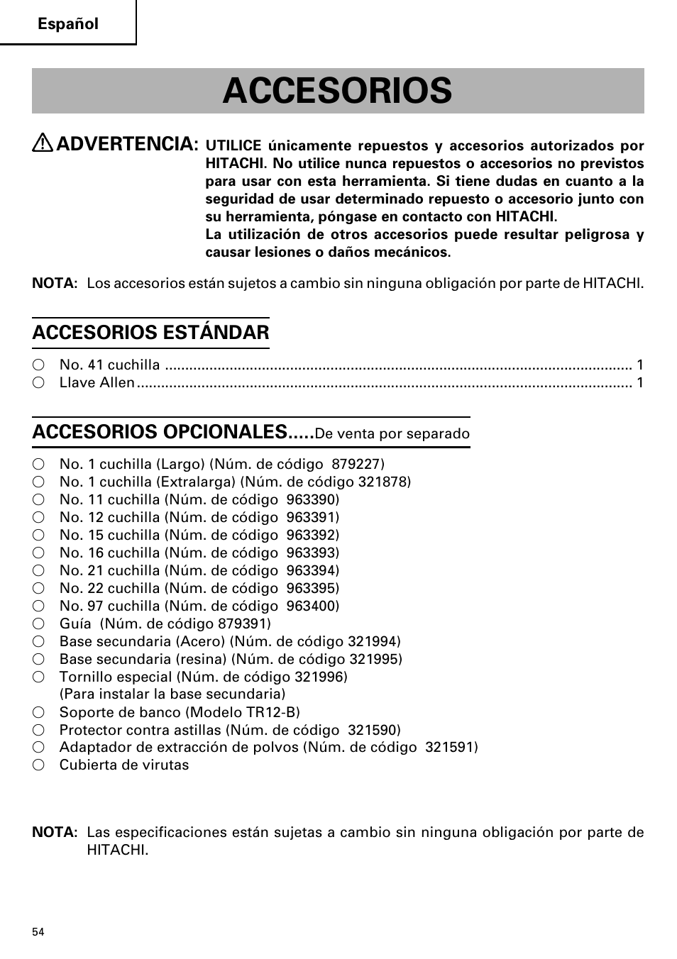 Accesorios, Advertencia, Accesorios estándar | Accesorios opcionales | Hitachi CJ110MV User Manual | Page 54 / 56