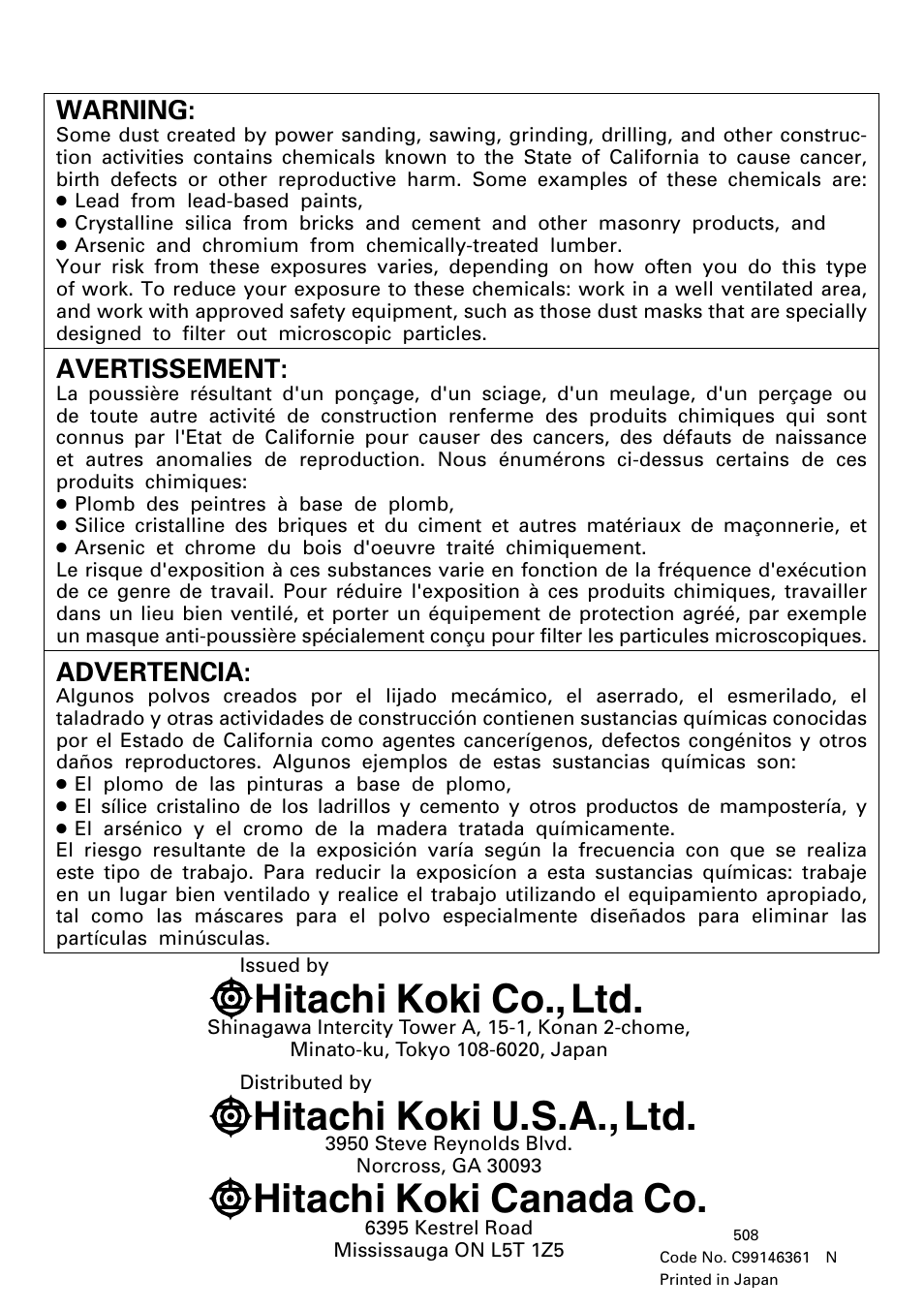 Hitachi koki co., ltd, Hitachi koki u.s.a., ltd, Hitachi koki canada co | Warning, Avertissement, Advertencia | Hitachi CJ110MV User Manual | Page 56 / 56