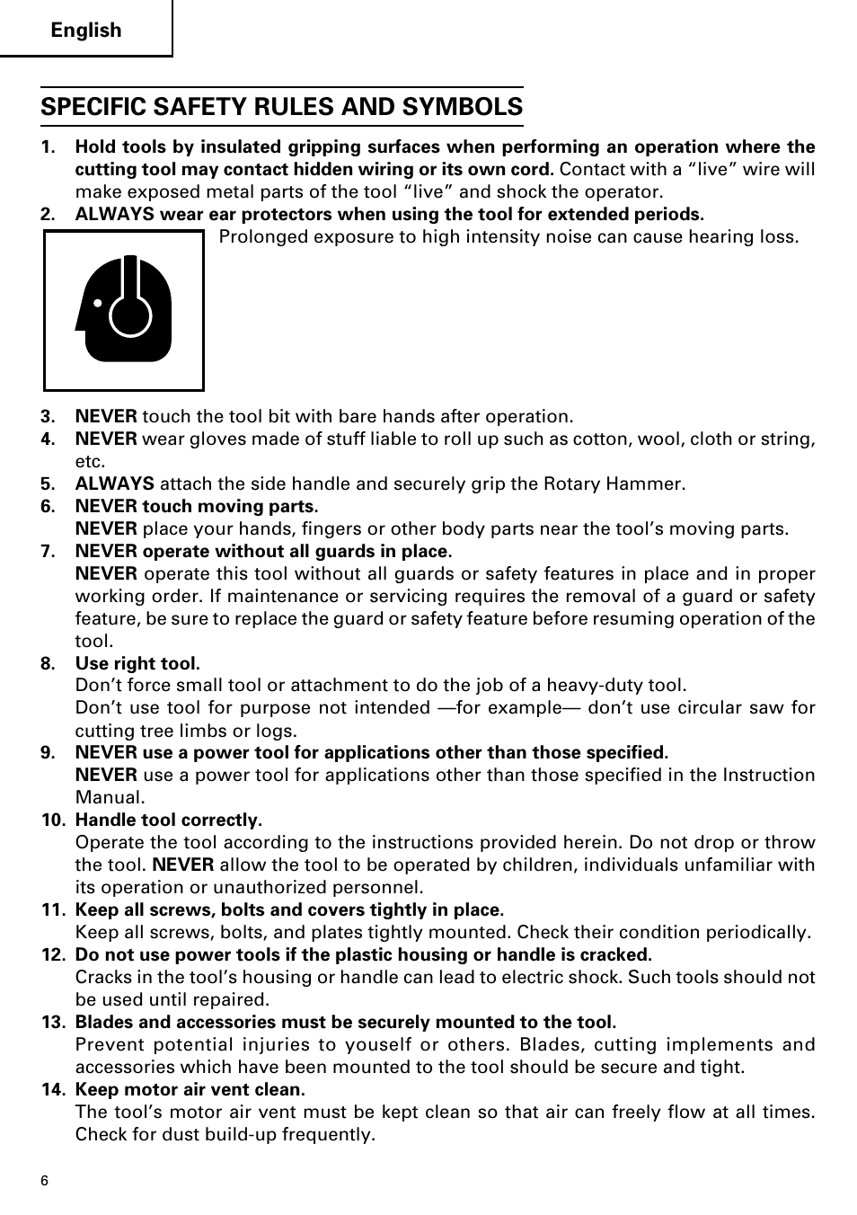 Specific safety rules and symbols | Hitachi CJ110MV User Manual | Page 6 / 56