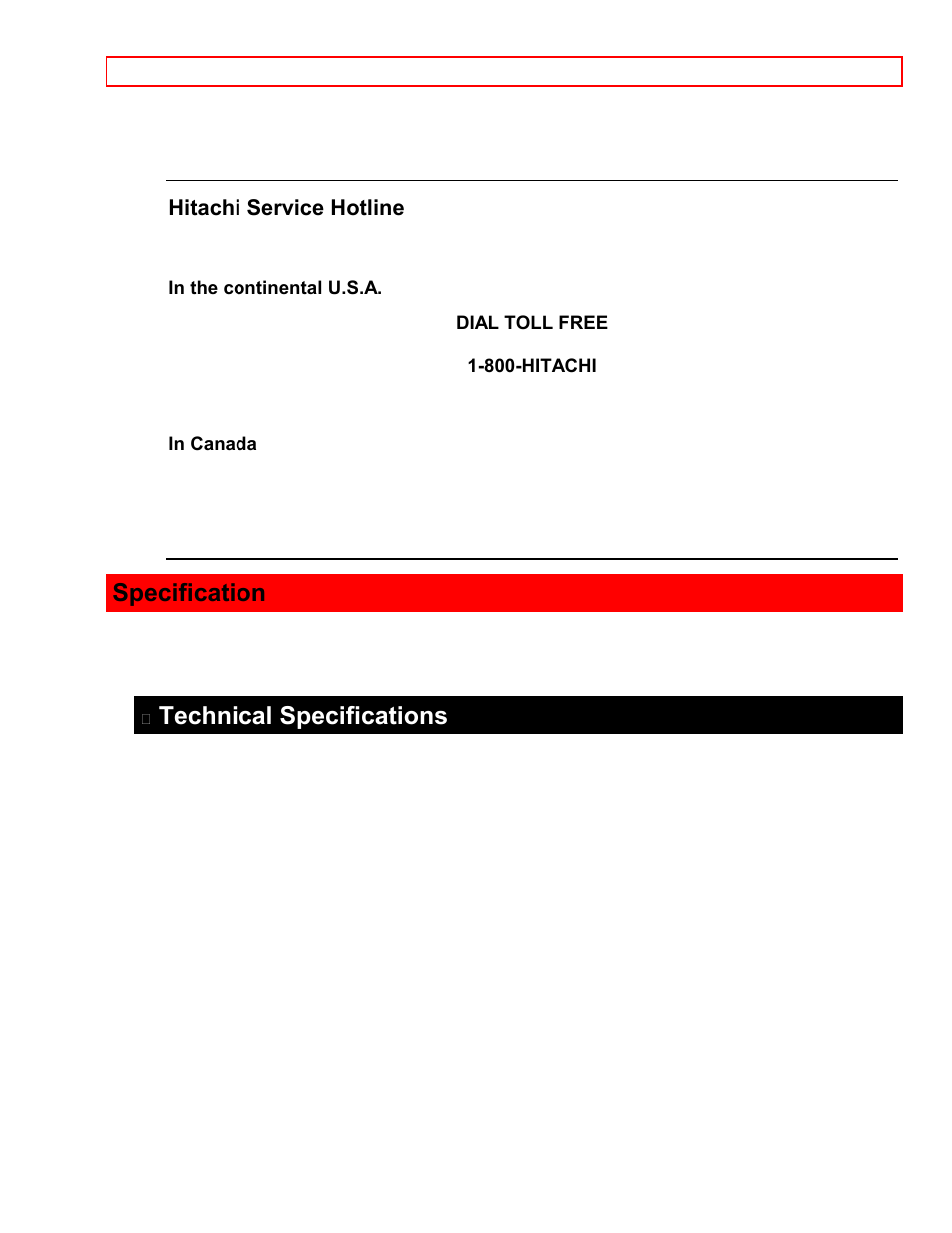 Hitachi service hotline, Specification, Technical specifications | Specification technical specifications | Hitachi VT-M181A User Manual | Page 42 / 43