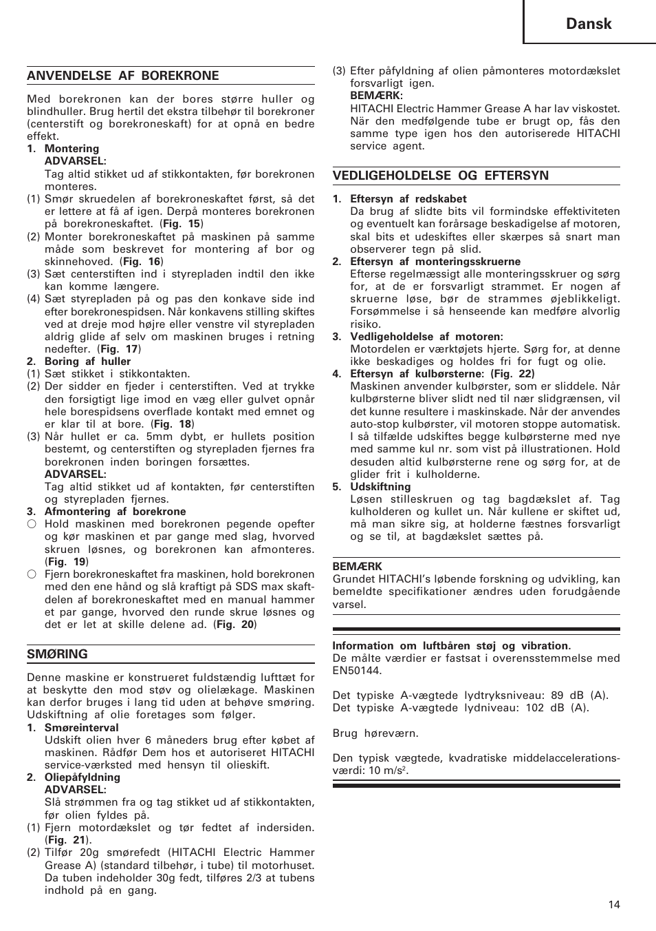 Dansk | Hitachi DH40MB User Manual | Page 15 / 34