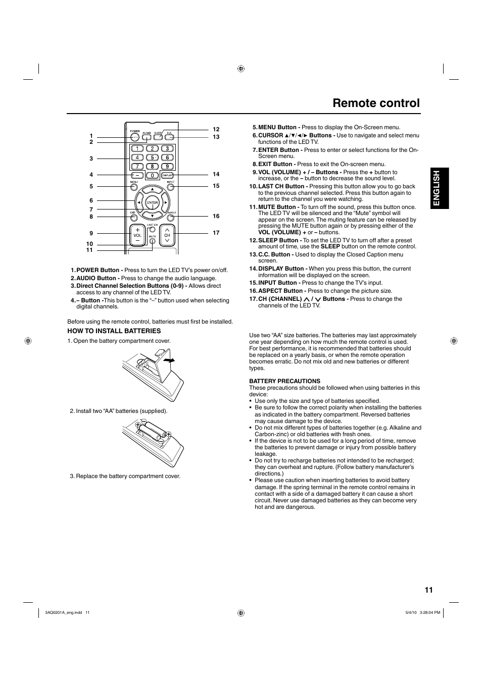 Remote control, 11 english | Hitachi LE19S304 User Manual | Page 11 / 27