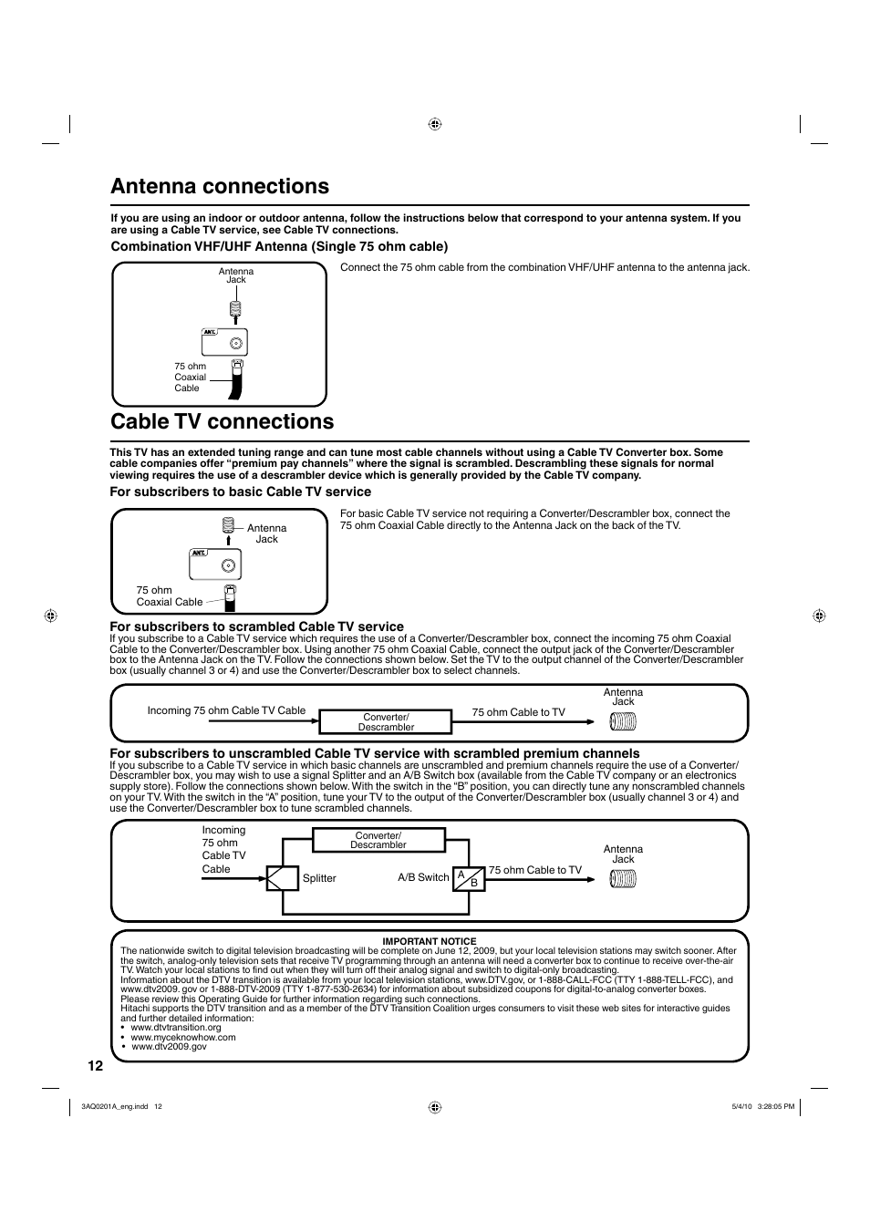 Antenna connections, Cable tv connections | Hitachi LE19S304 User Manual | Page 12 / 27