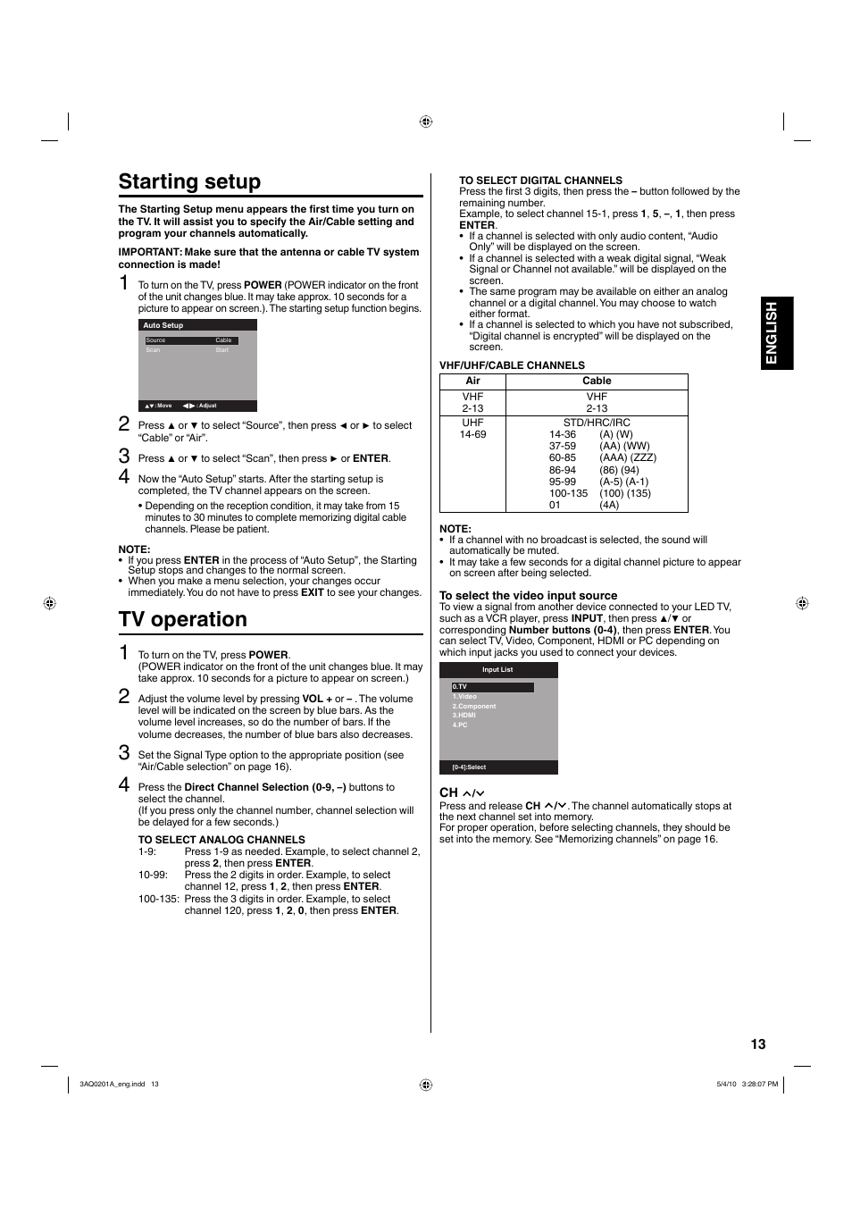Starting setup, Tv operation 1, 13 english | Hitachi LE19S304 User Manual | Page 13 / 27