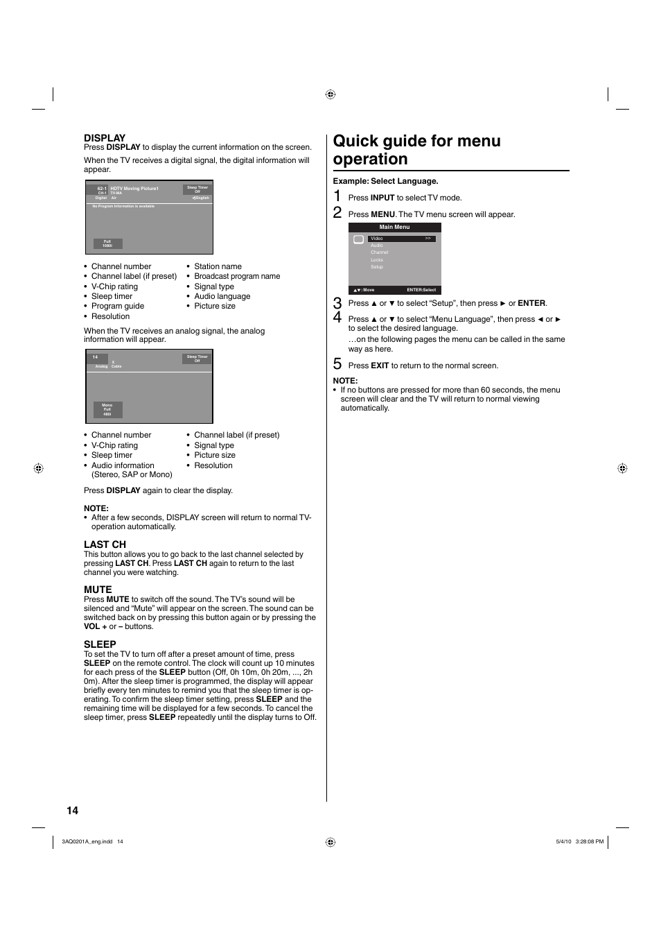 Quick guide for menu operation, Display, Last ch | Mute, Sleep | Hitachi LE19S304 User Manual | Page 14 / 27