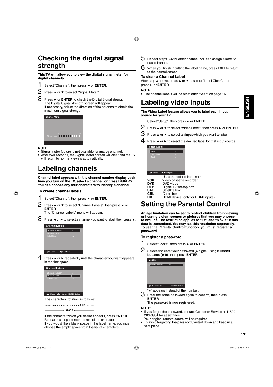 Checking the digital signal strength, Labeling channels, Labeling video inputs | Setting the parental control, 17 english | Hitachi LE19S304 User Manual | Page 17 / 27