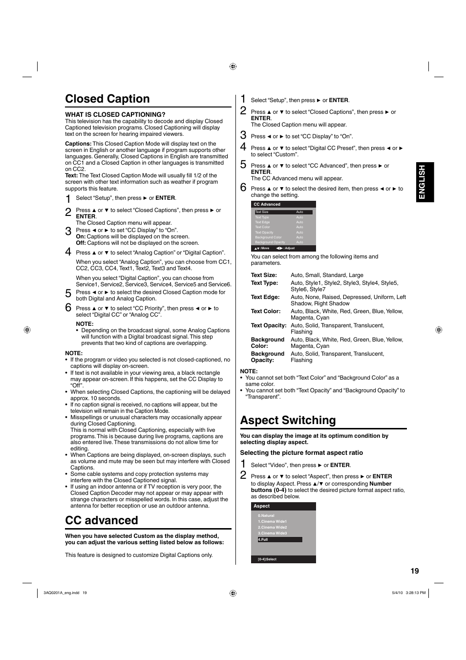 Closed caption, Cc advanced, Aspect switching | Hitachi LE19S304 User Manual | Page 19 / 27