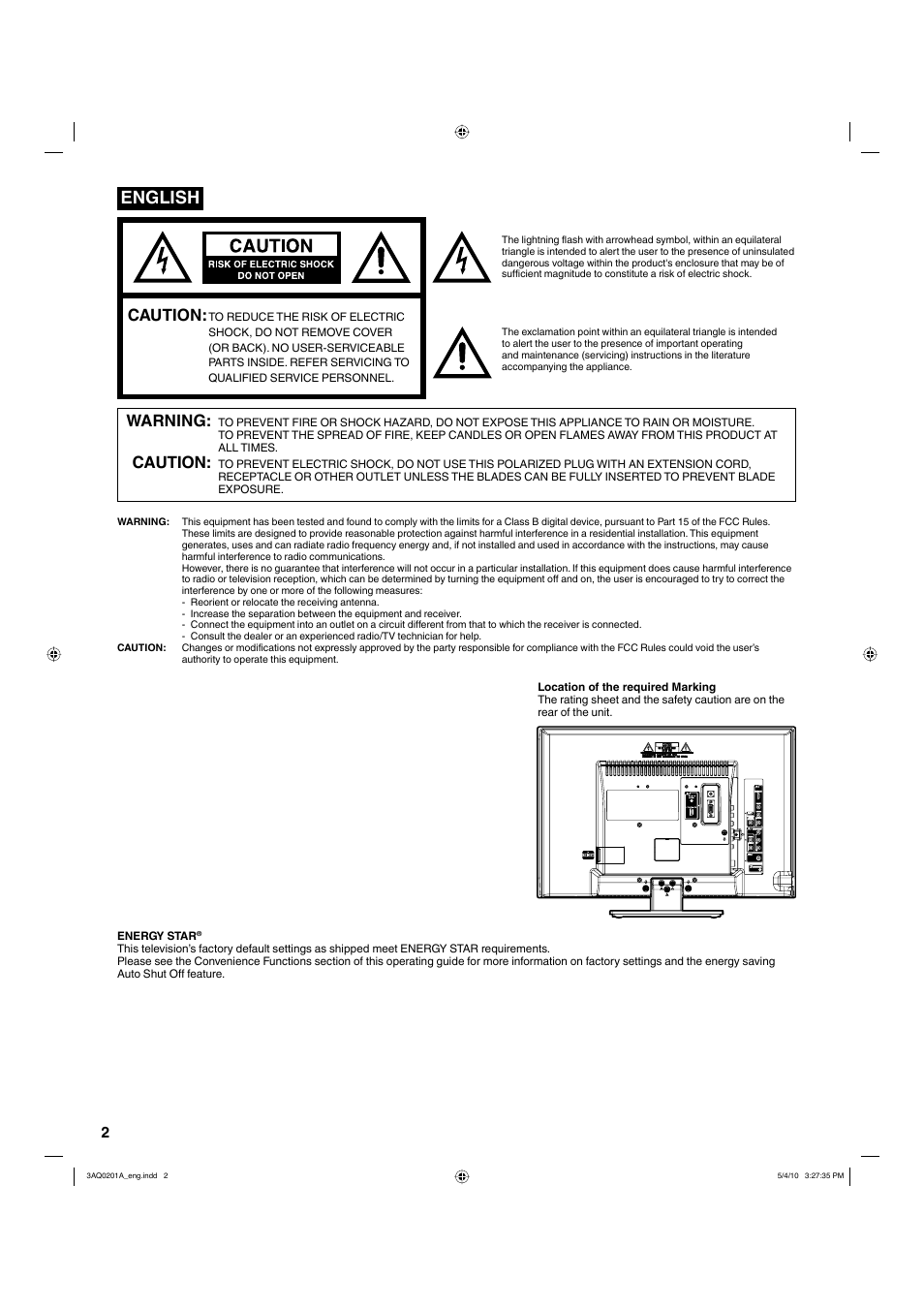 English, Caution, Warning | Hitachi LE19S304 User Manual | Page 2 / 27