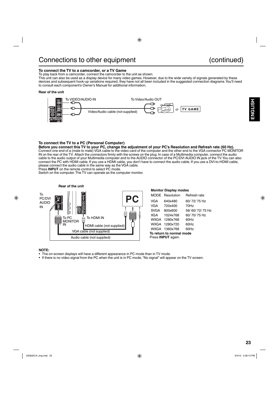Connections to other equipment (continued), 23 english | Hitachi LE19S304 User Manual | Page 23 / 27