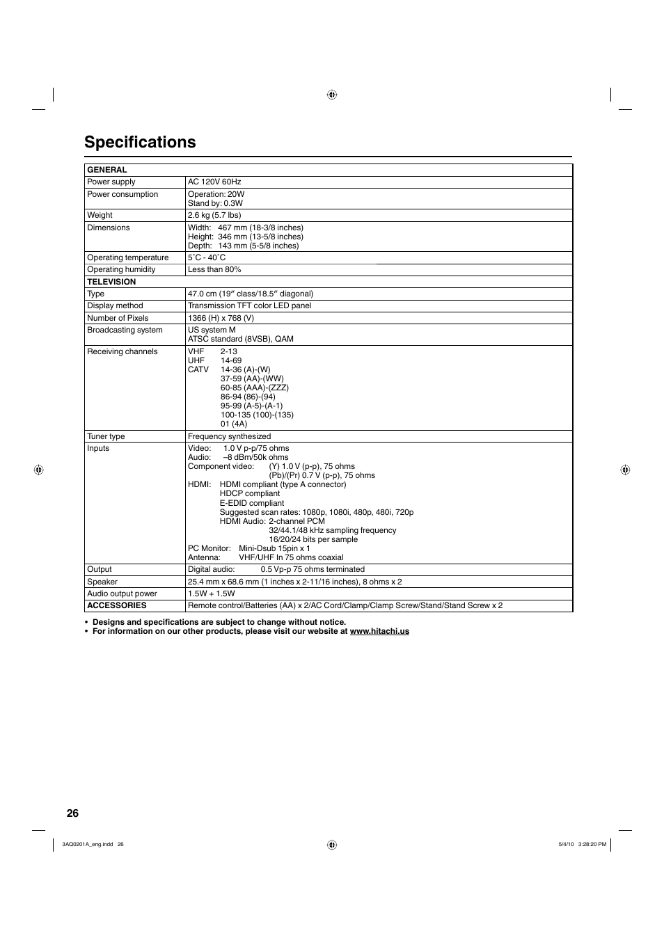 Specifications | Hitachi LE19S304 User Manual | Page 26 / 27