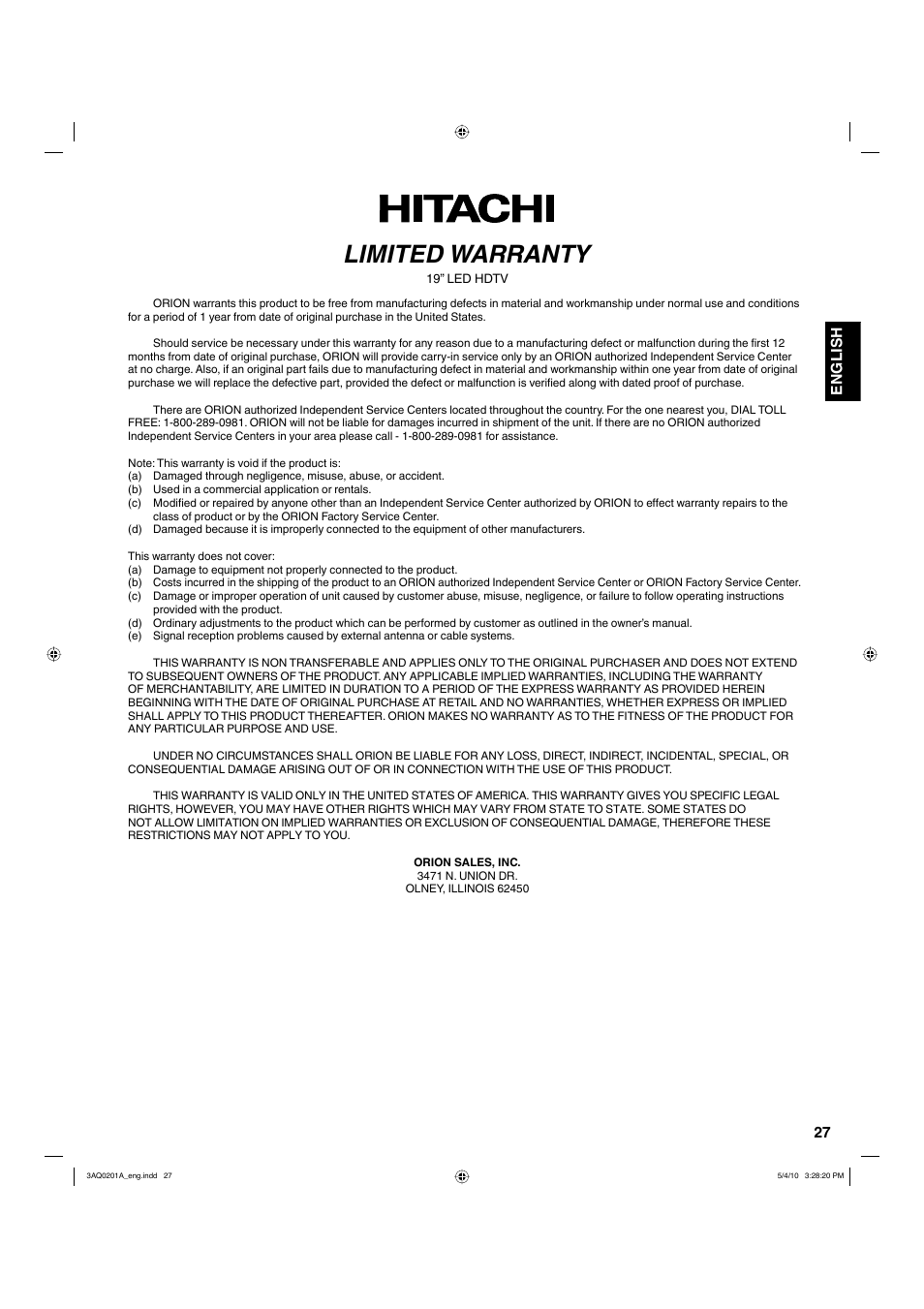 Limited warranty, 27 english | Hitachi LE19S304 User Manual | Page 27 / 27