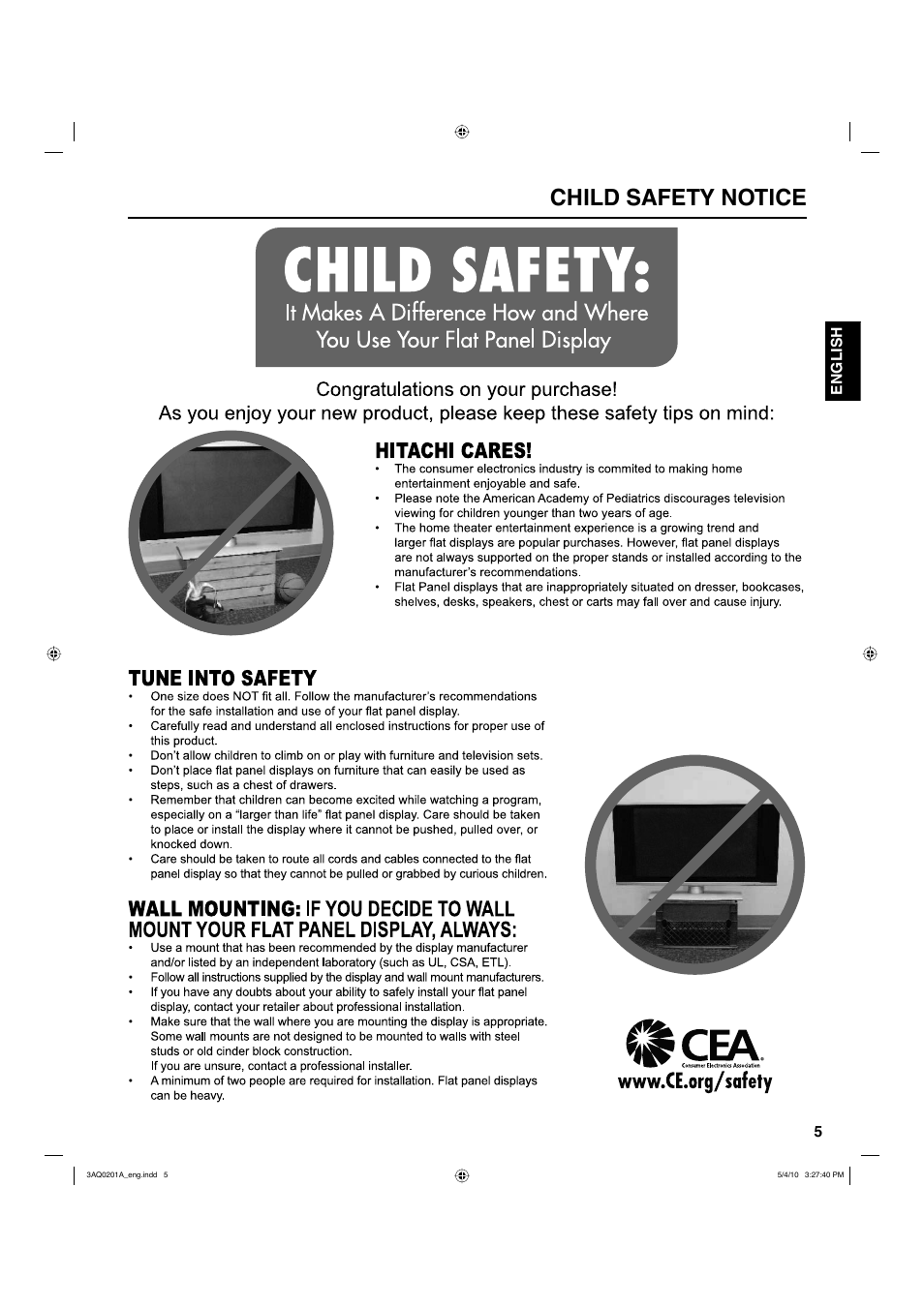 Child safety notice | Hitachi LE19S304 User Manual | Page 5 / 27