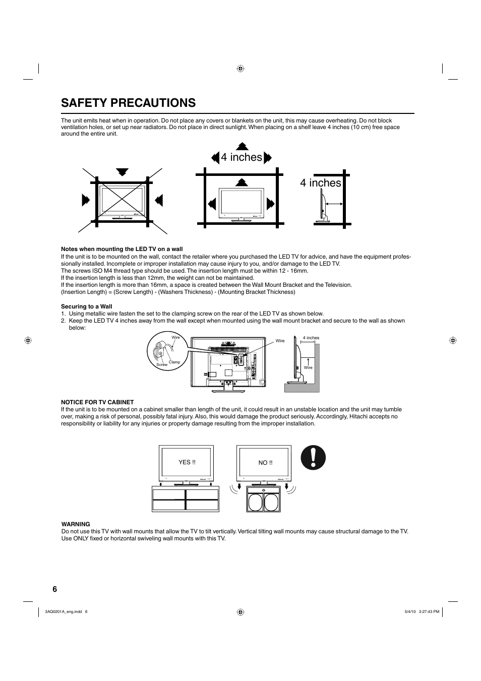 Safety precautions, 4 inches | Hitachi LE19S304 User Manual | Page 6 / 27