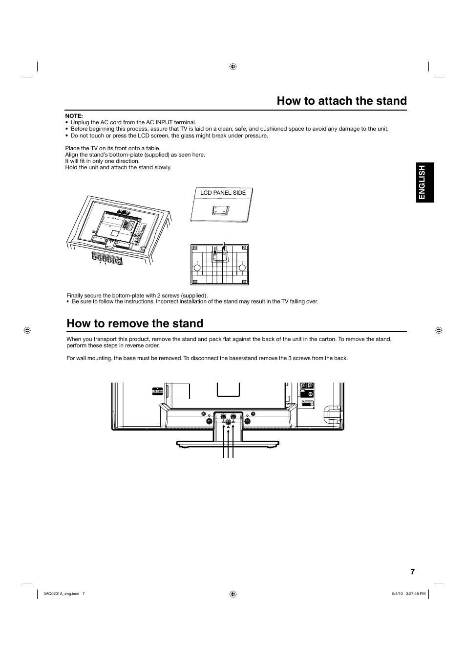 How to attach the stand how to remove the stand | Hitachi LE19S304 User Manual | Page 7 / 27