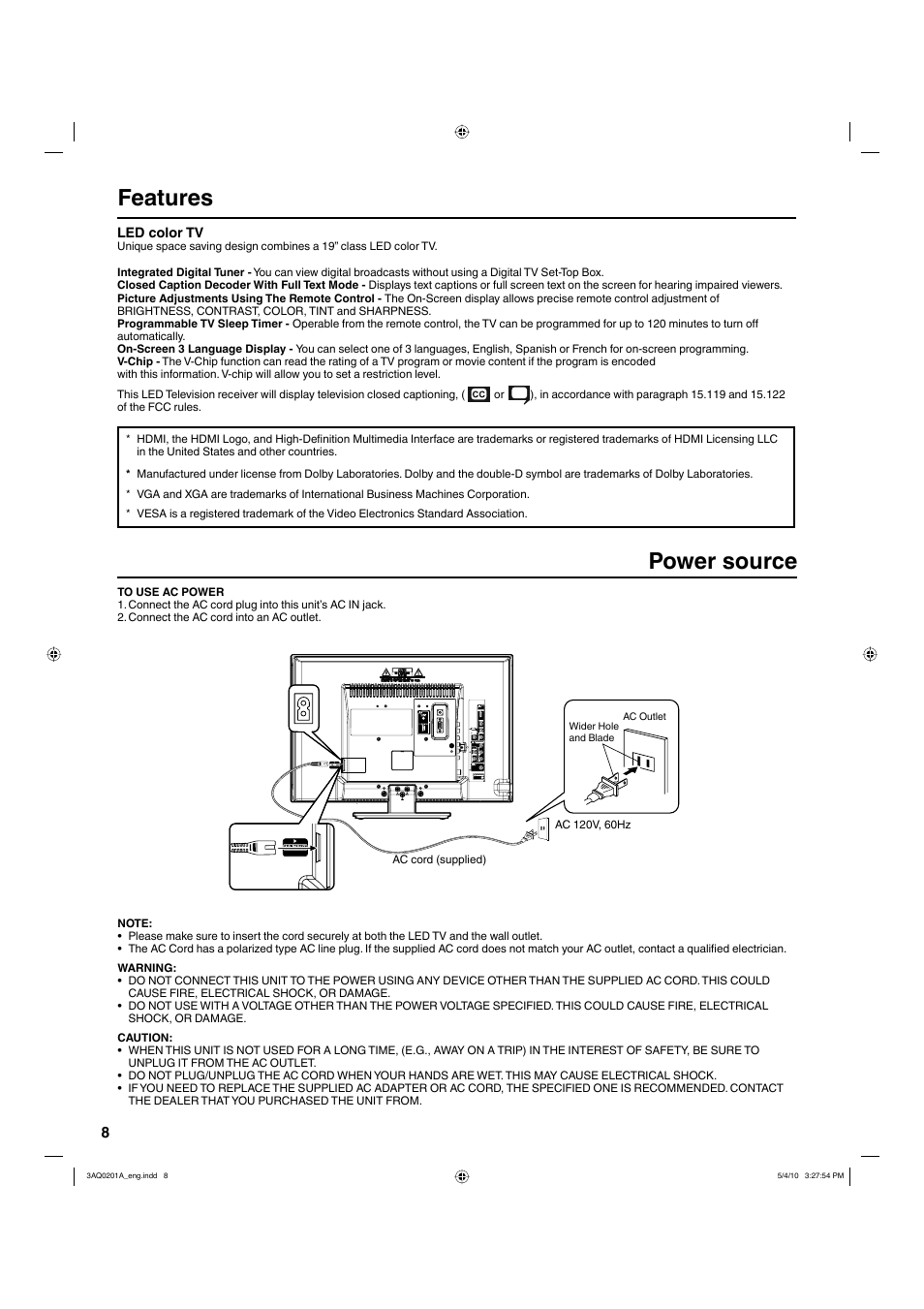 Features, Power source | Hitachi LE19S304 User Manual | Page 8 / 27