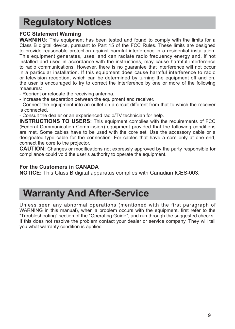 Regulatory notices, Warranty and after-service | Hitachi CP-X268AWF User Manual | Page 10 / 163