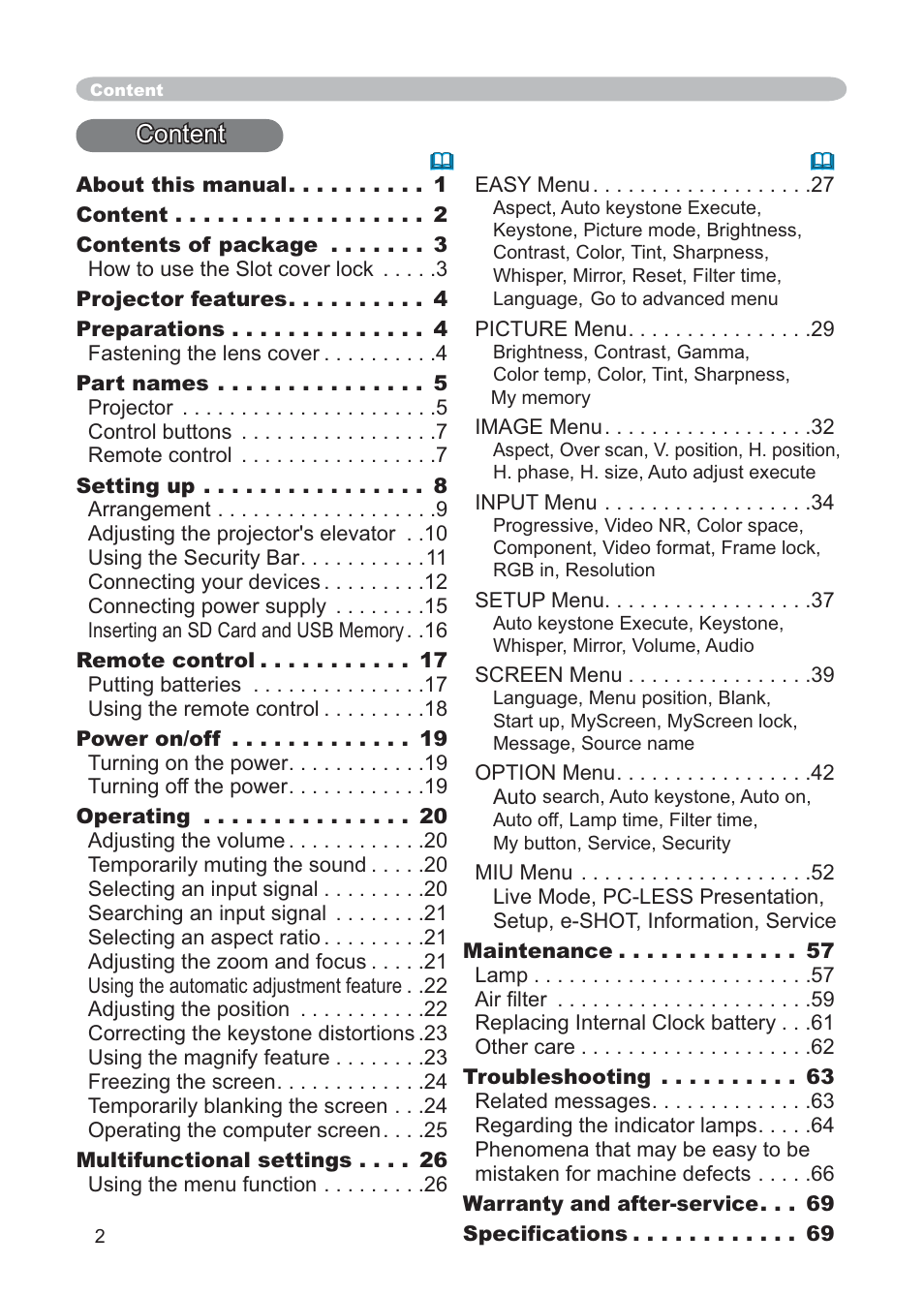 Content | Hitachi CP-X268AWF User Manual | Page 11 / 163