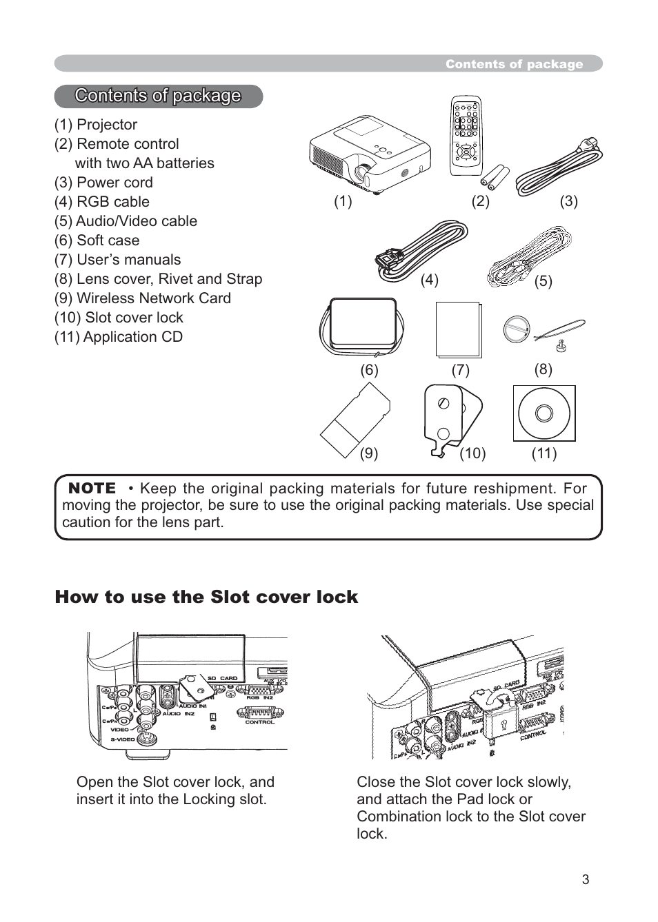 Contents of package, How to use the slot cover lock | Hitachi CP-X268AWF User Manual | Page 12 / 163
