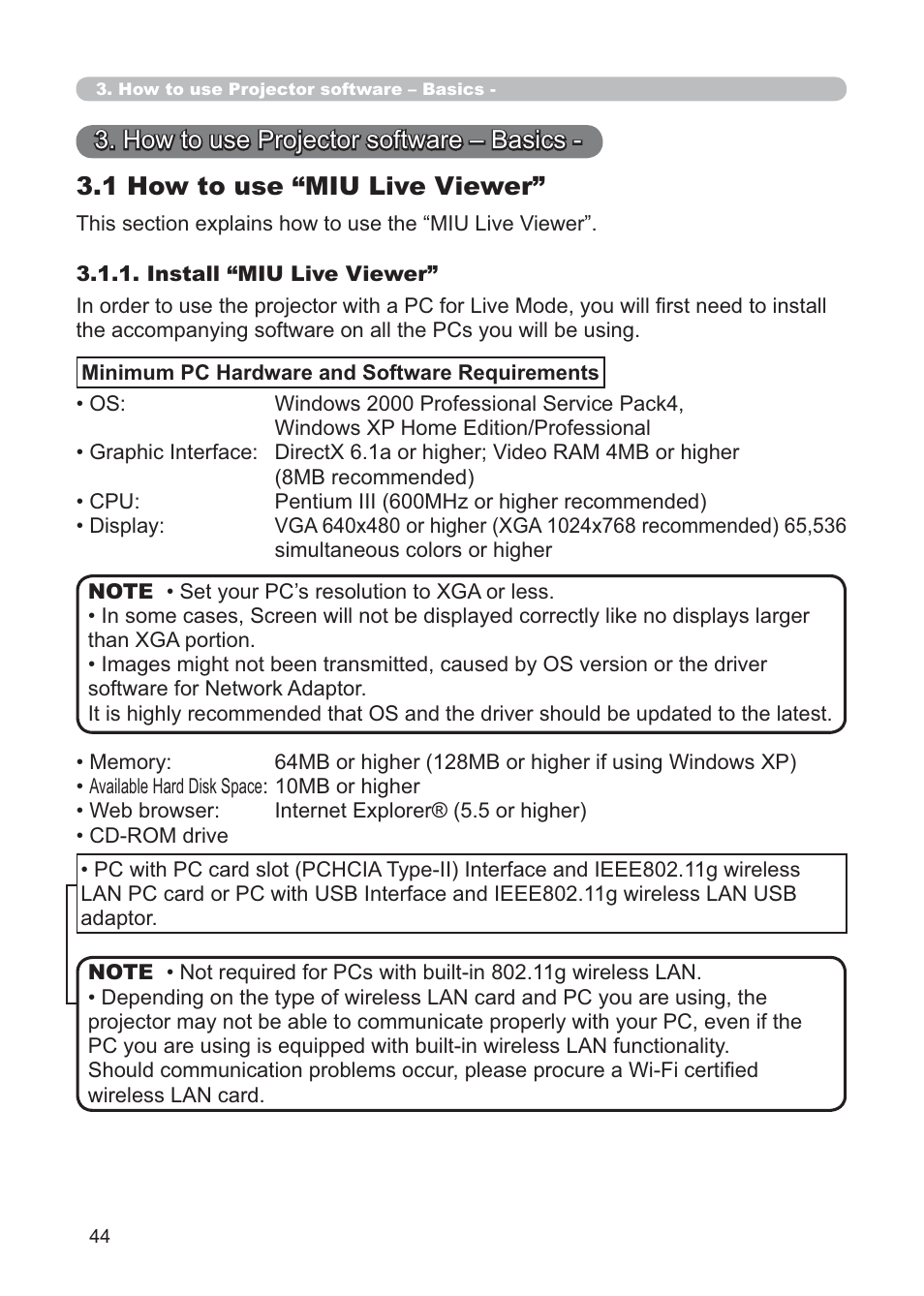 1 how to use “miu live viewer, How to use projector software – basics | Hitachi CP-X268AWF User Manual | Page 123 / 163