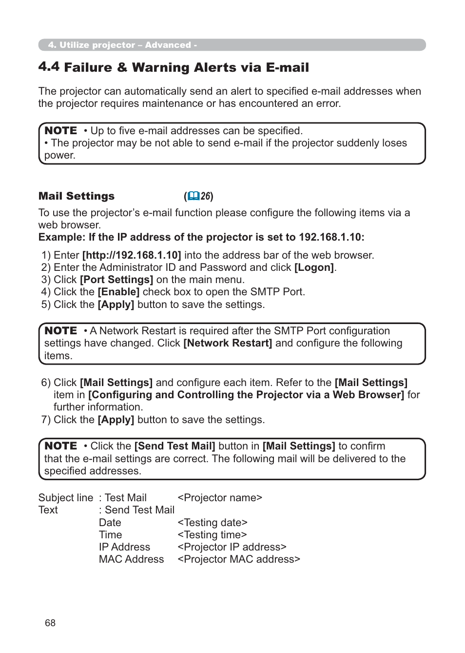 4 failure & warning alerts via e-mail | Hitachi CP-X268AWF User Manual | Page 147 / 163