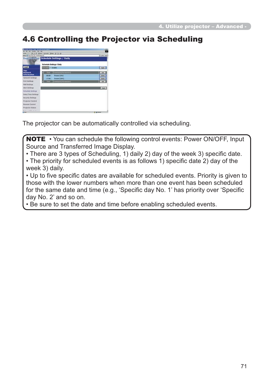 6 controlling the projector via scheduling | Hitachi CP-X268AWF User Manual | Page 150 / 163