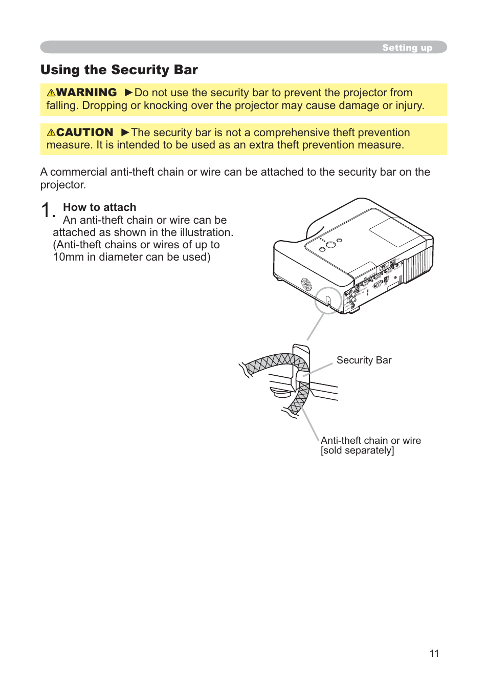Using the security bar, Setting up | Hitachi CP-X268AWF User Manual | Page 20 / 163