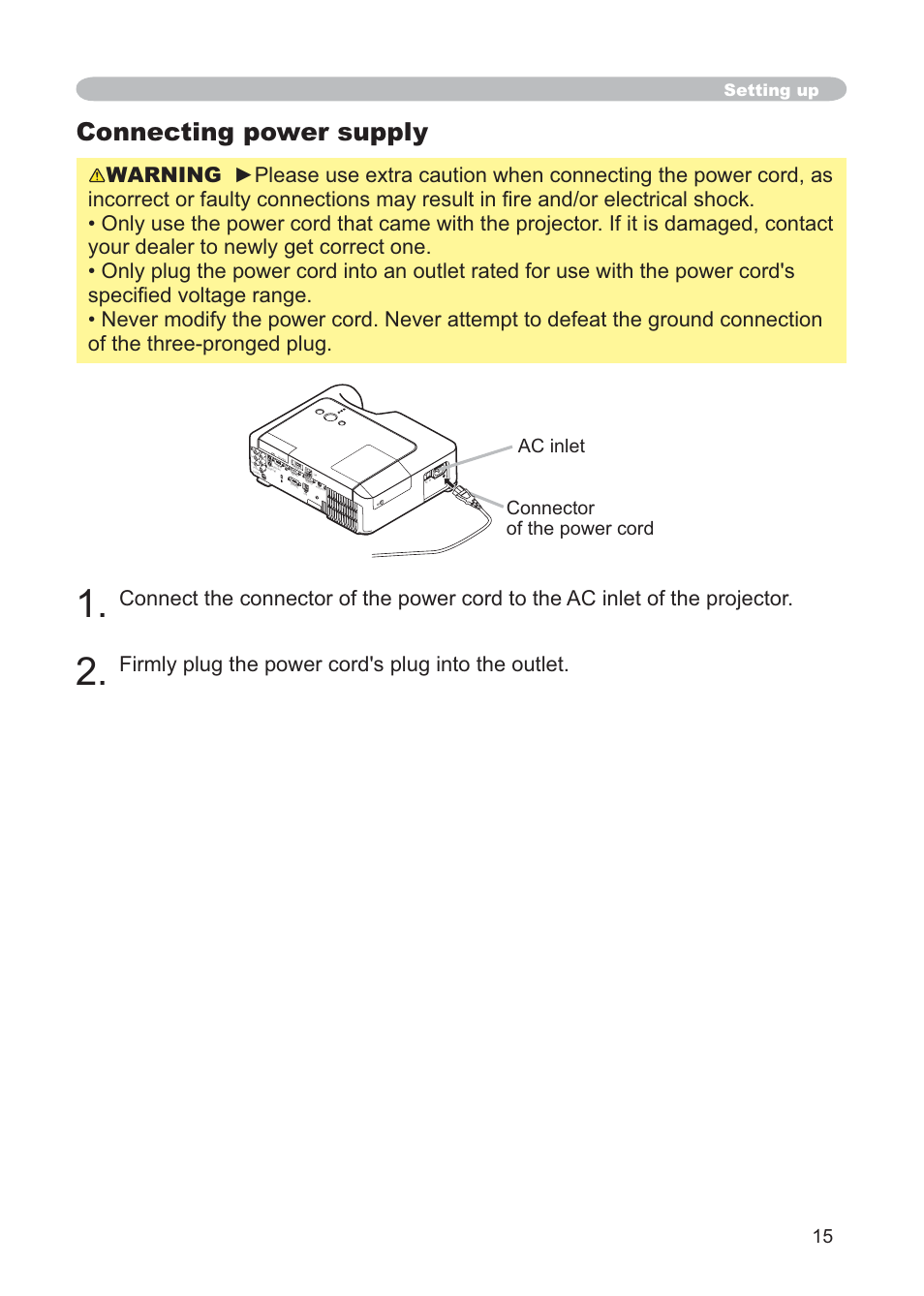 Connecting power supply, Firmly plug the power cord's plug into the outlet, Ac inlet connector of the power cord | Setting up, Aux i/o dc 5v 0.5a | Hitachi CP-X268AWF User Manual | Page 24 / 163