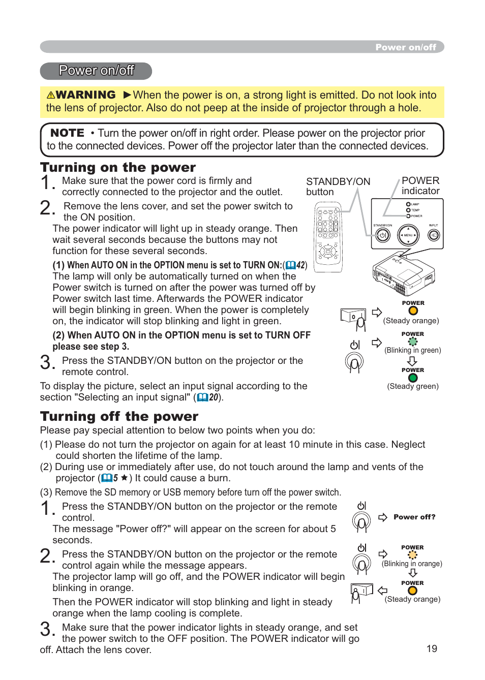 Power on/off, Turning on the power, Turning off the power | Standby/on button power indicator | Hitachi CP-X268AWF User Manual | Page 28 / 163